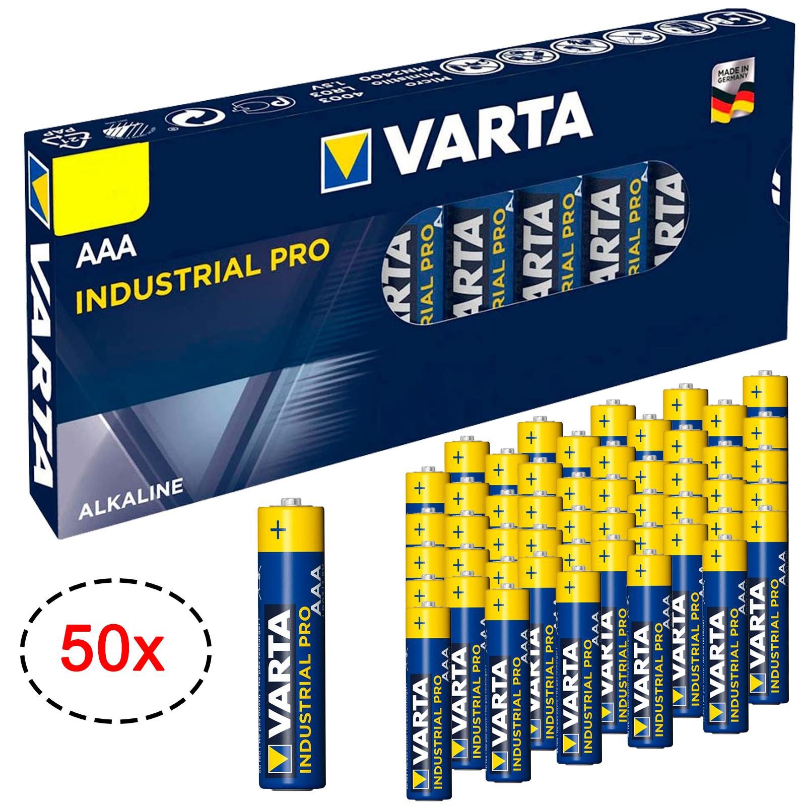 VARTA 50er Pack AAA Industrial Alkaline Micro Batterie, (1,5 V, 50 St), Made in Germany Batterien 1,5V für Taschenlampe Spielzeug Wand Uhr