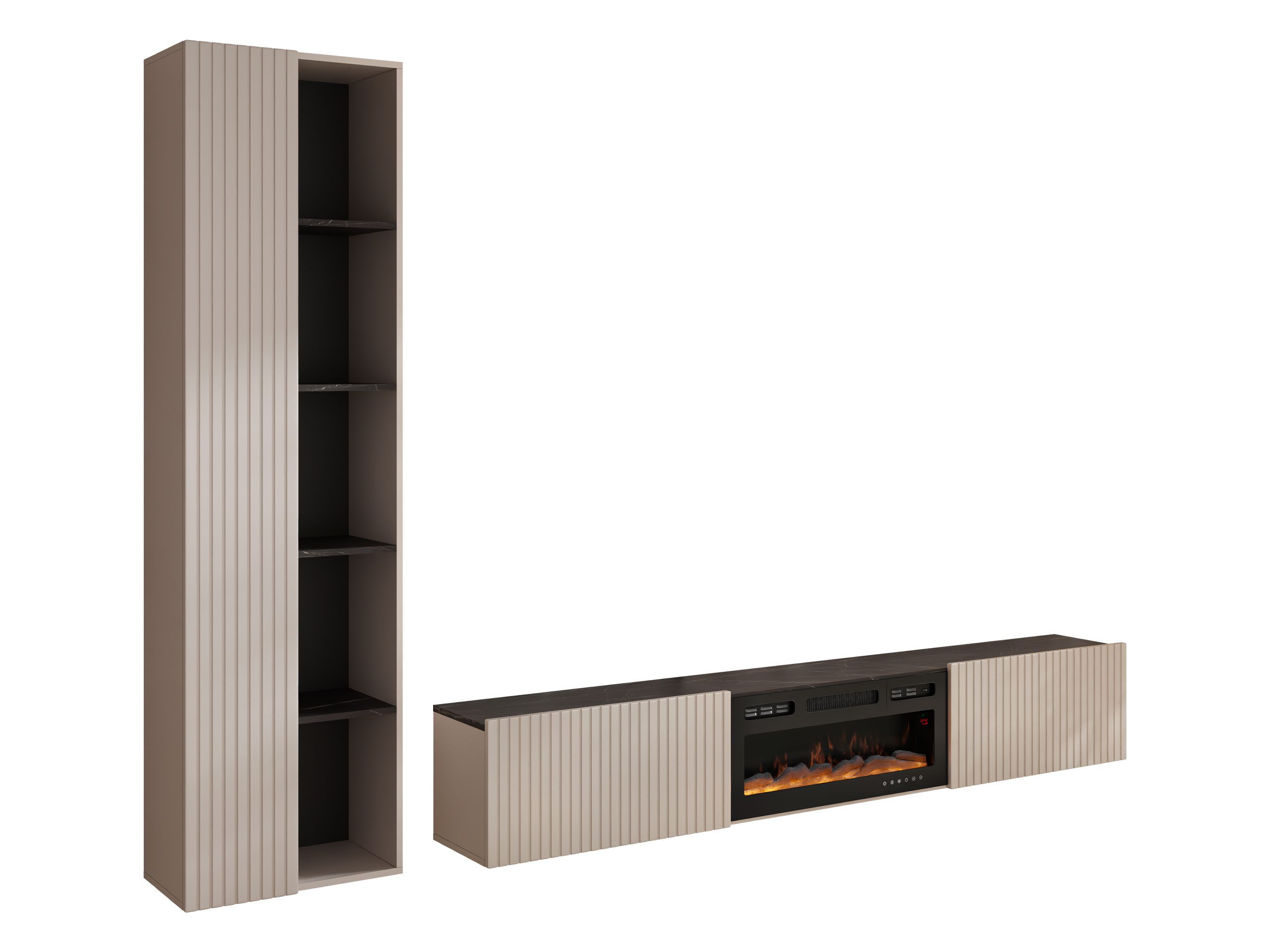 MIRJAN24 Wohnwand Helotis mit Kamin, (2er-Set, TV-Lowboard, Hochvitrine), Realistische LED-Flamme, Griffloses Öffnungssystem – Bild 2 von 5