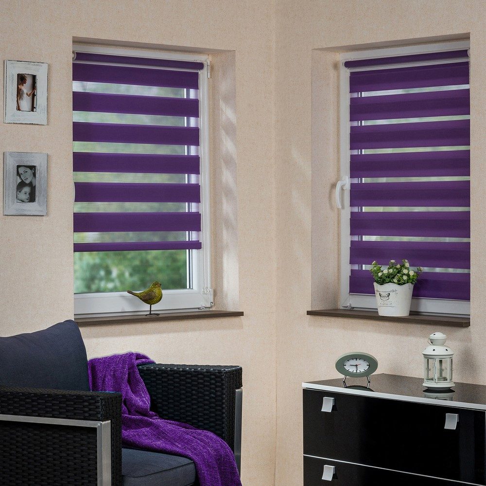 Doppelrollo, MDEKOR, Pflegeleichtes Rollo, stufenlos verstellbar, einfache Montage, Violett 42x150 cm