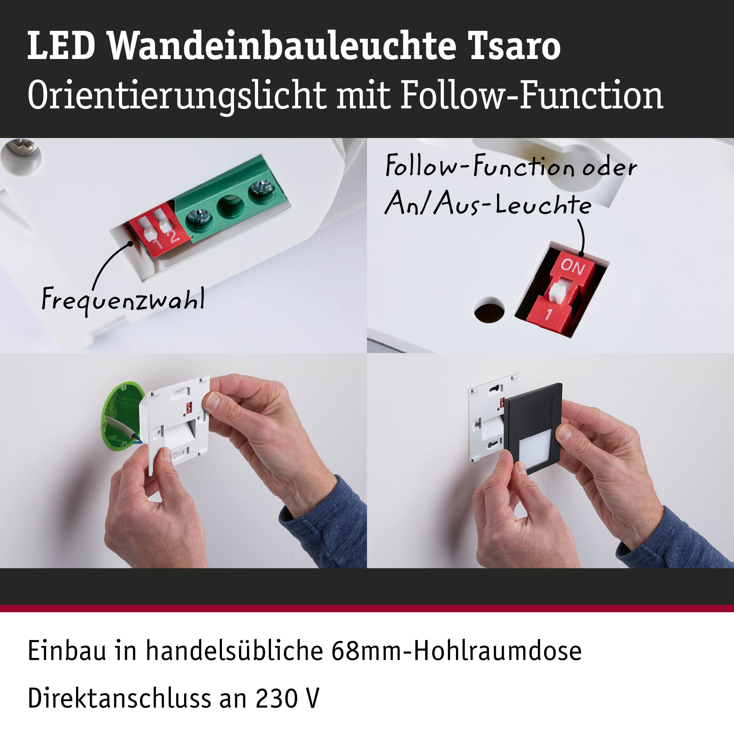 Paulmann LED Einbauleuchte LED Wandeinbauleuchte Tsaro eckig 80x36mm, LED fest integriert, Warmweiß