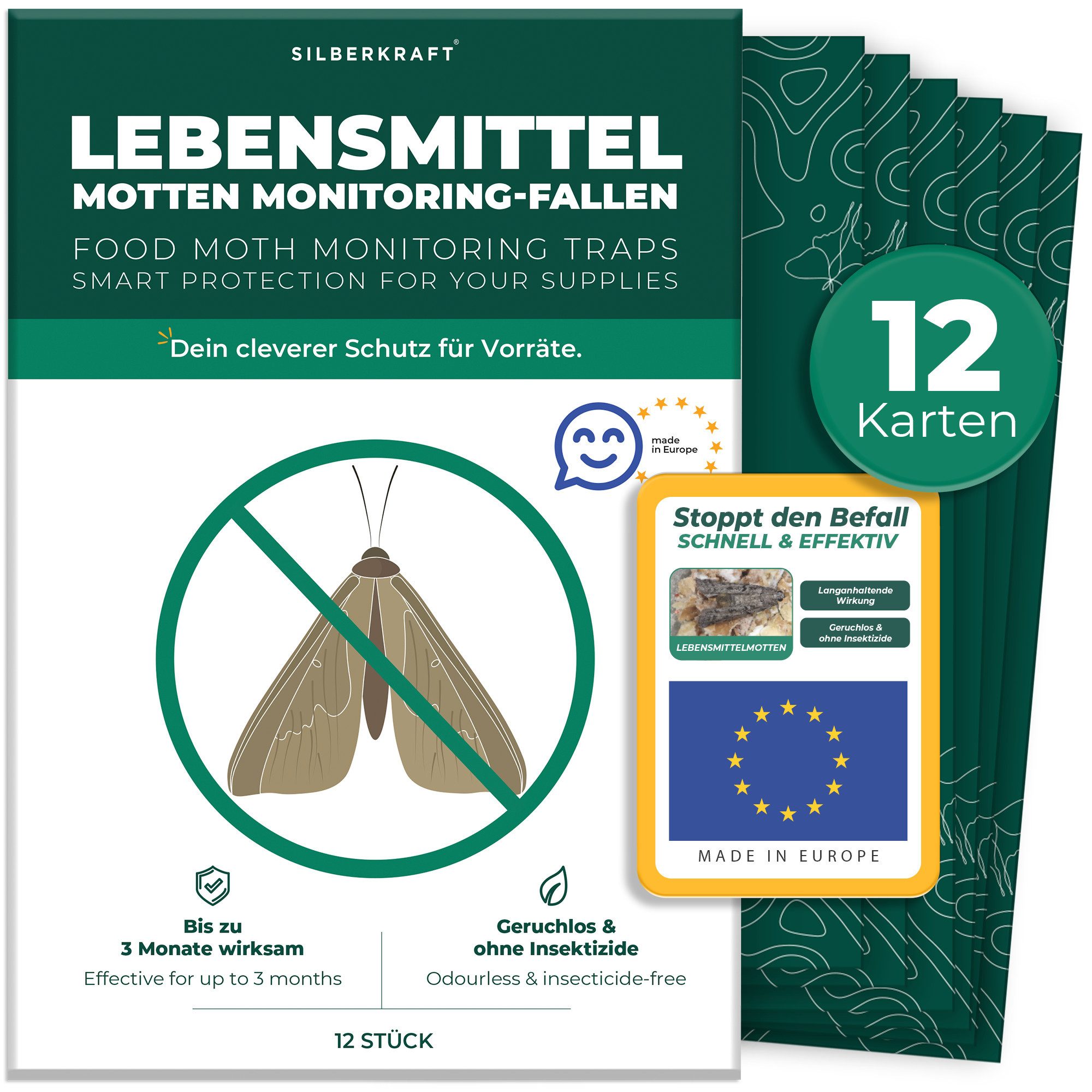 Silberkraft Insektenfalle Lebensmittelmottenfallen 12 Stück inkl. Gratis E-Book per QR-Code, Pheromon-Leimfallen zur Befallsüberwachung von Lebensmittelmotten