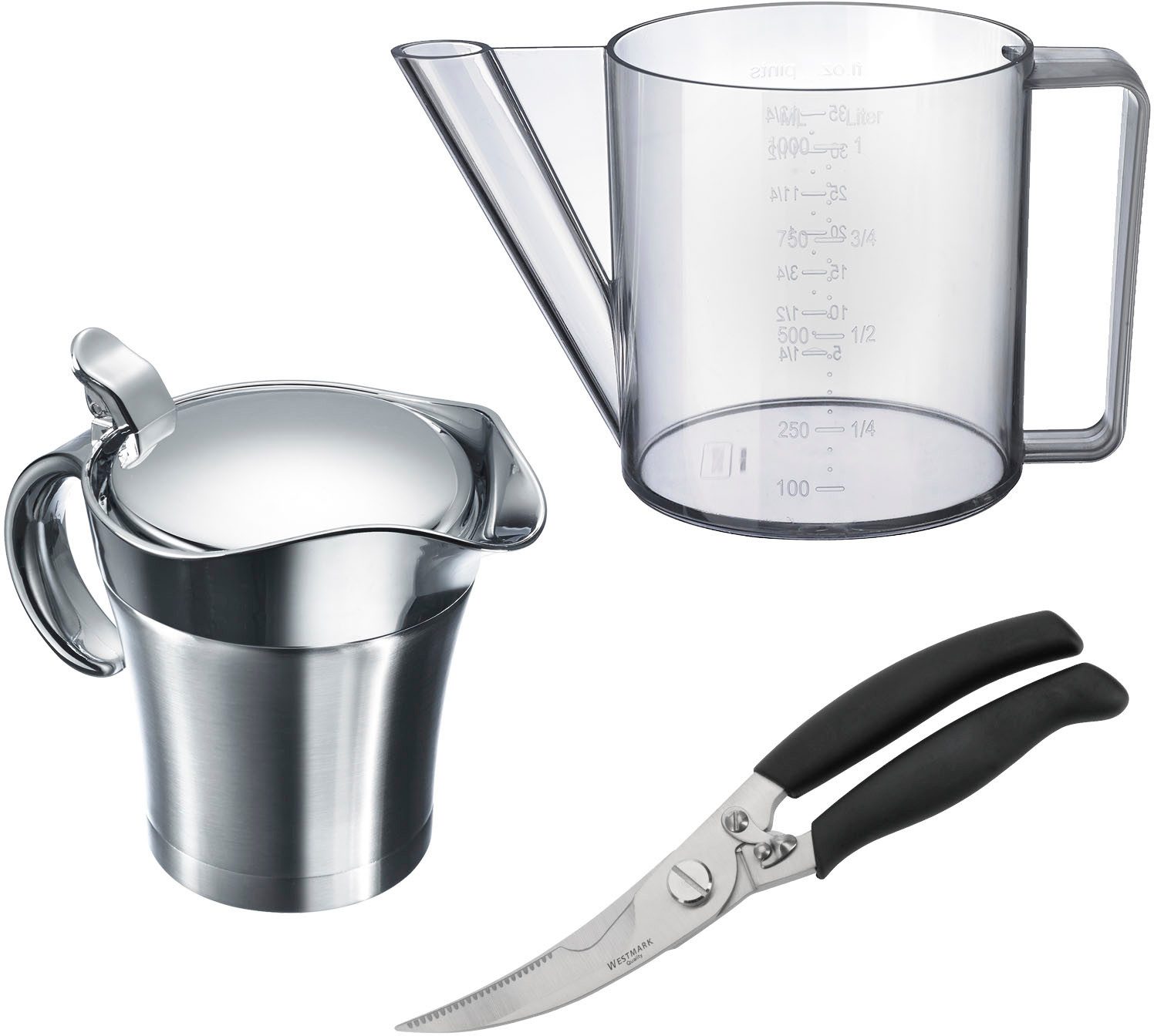 WESTMARK Fetttrennkanne, Edelstahl, Kunststoff, (Set, 3-St), Haushalts-Set, 1 Fetttrennkanne, 1 Geflügelschere, 1 Thermo-Sauciere