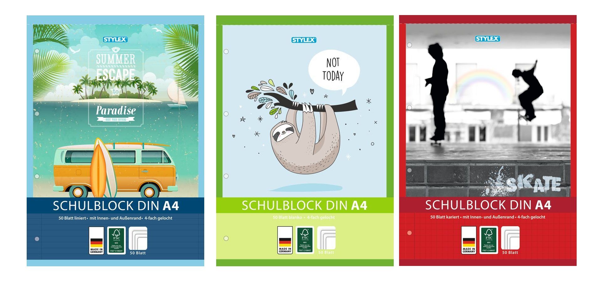 Geschäftspapier 3x Schulblock / DIN A4 / gelocht / 50 Blatt / je 1x liniert, kariert u