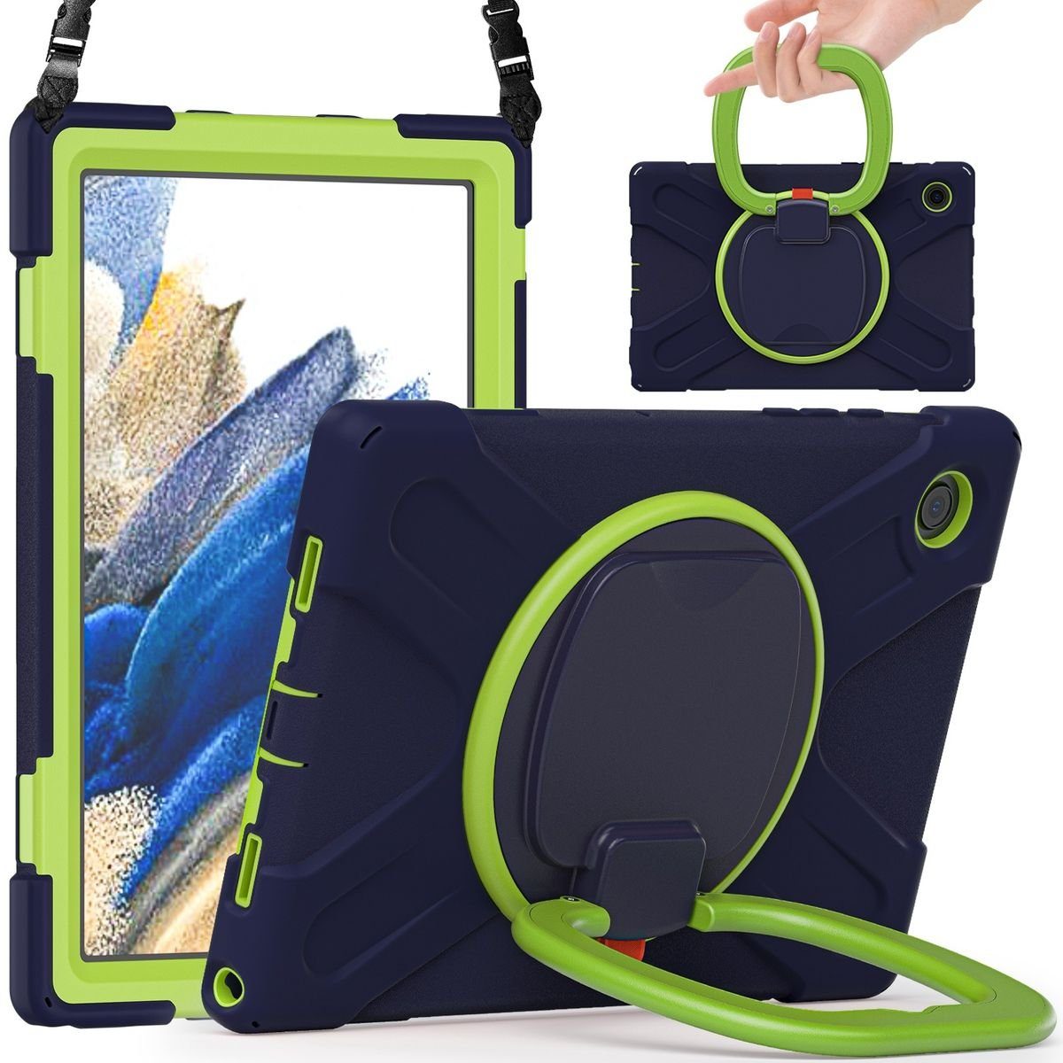 Wigento Tablet-Hülle Für Samsung Galaxy Tab A8 2021 X205 X200 aufstellbare Outdoor Hybrid Blau 360 Grad mit Trage Gurt Tablet Tasche Etuis Cover Case Schutz Robust Neu