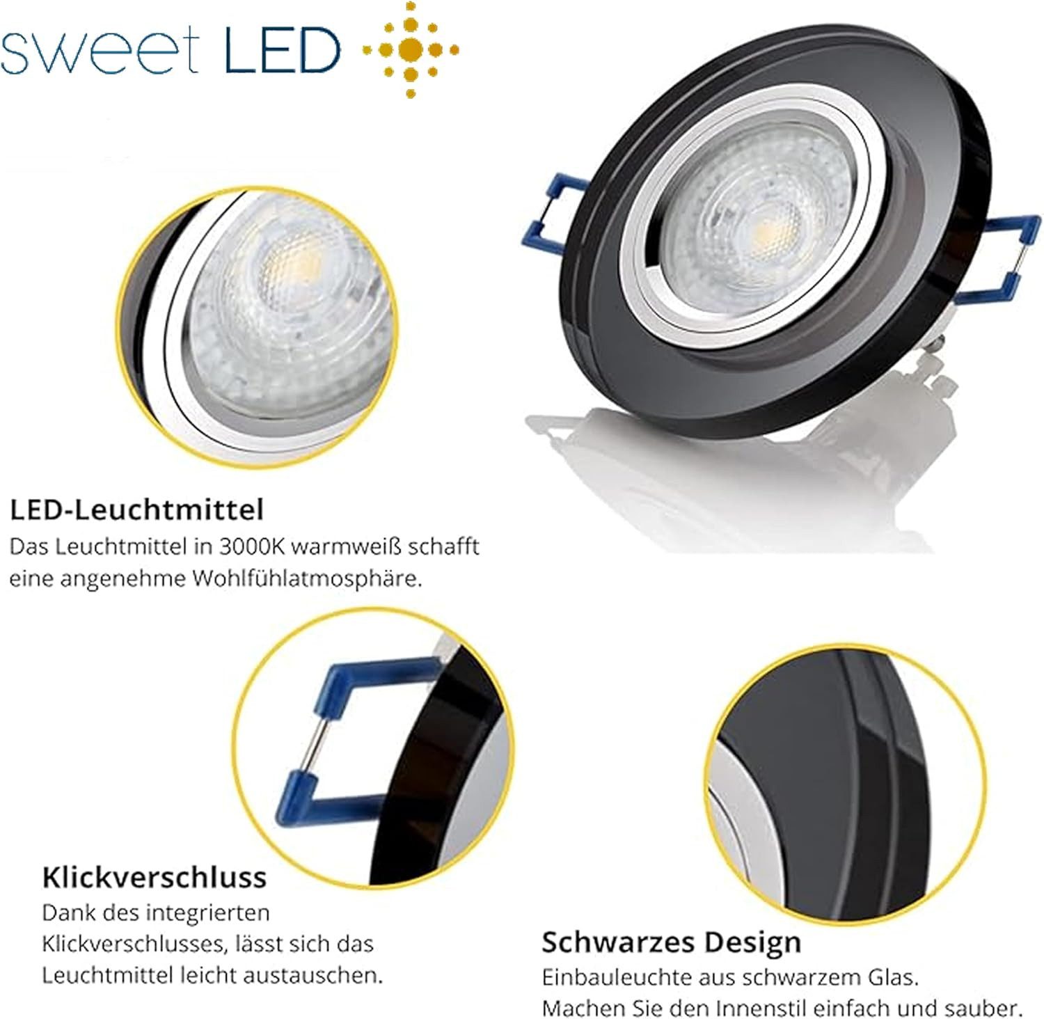 Sweet LED LED Einbaustrahler 6er SET Einbauleuchten GU10 7W 230V LED Deckenspots 3000K Glas Schwarz, 3000K, Warmweiß, Deckenspots, Ø 90 mm, Einbauleuchten
