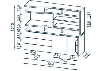 möbelando Regal-Schreibtisch 5508 (BxHxT: 161x131x45 cm), in platingrau - Lack weiß Spiegelglanz mit 3 Schubladen und 2 Türen