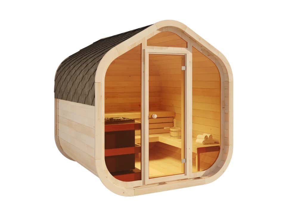 FinnTherm Fasssauna ScandiCube Wave Comfortissimo, BxTxH: 237 x 234 x 250 cm, 42 mm, in Beige - Thermoholz