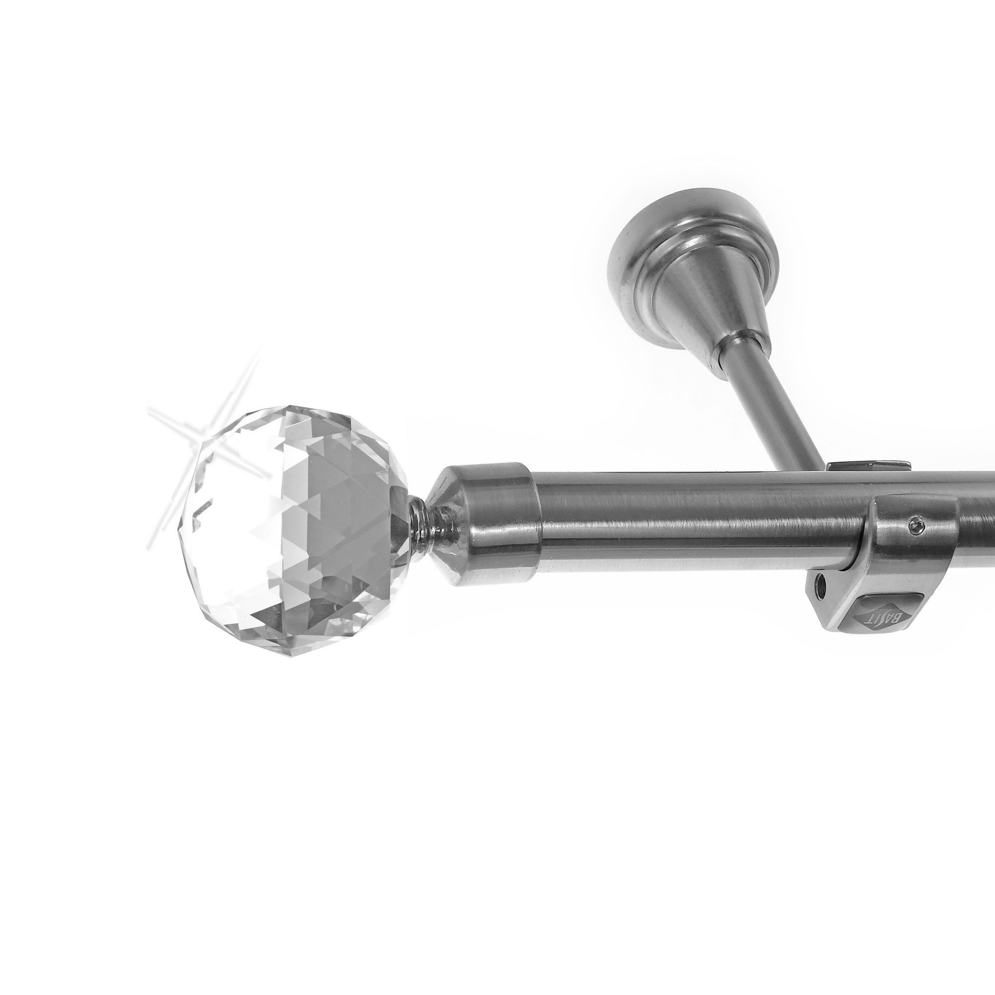 BASIT Gardinenstange Edelstahloptik 20mm mit Wandträgern 120 cm E87, Ø 20 mm, 1-läufig, verschraubt, Metall, H50R 120 cm E87 Kristall Kugel