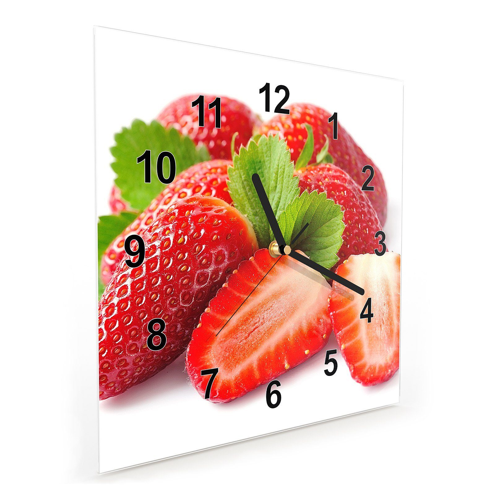 mit cm 30 Motiv Wandkunst Größe Glasuhr x mit Blättern Erdbeeren Primedeco Wanduhr Wanduhr 30