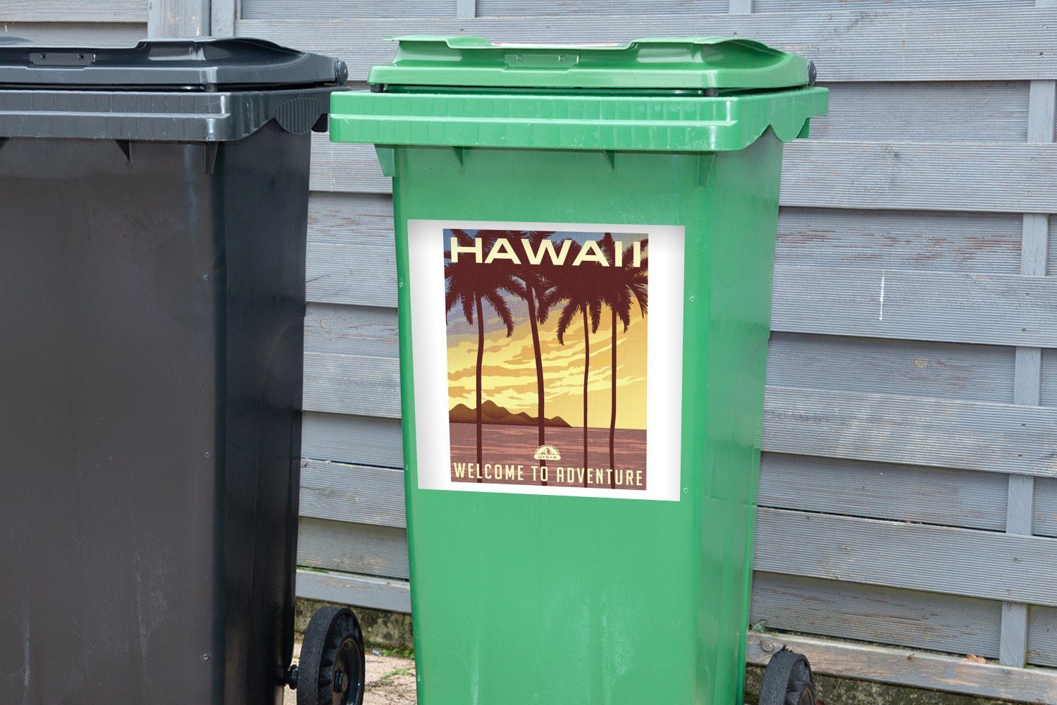 Abfalbehälter - Container, Hawaii - Mülleimer-aufkleber, Palme MuchoWow (1 St), Jahrgang Sticker, Mülltonne, Wandsticker