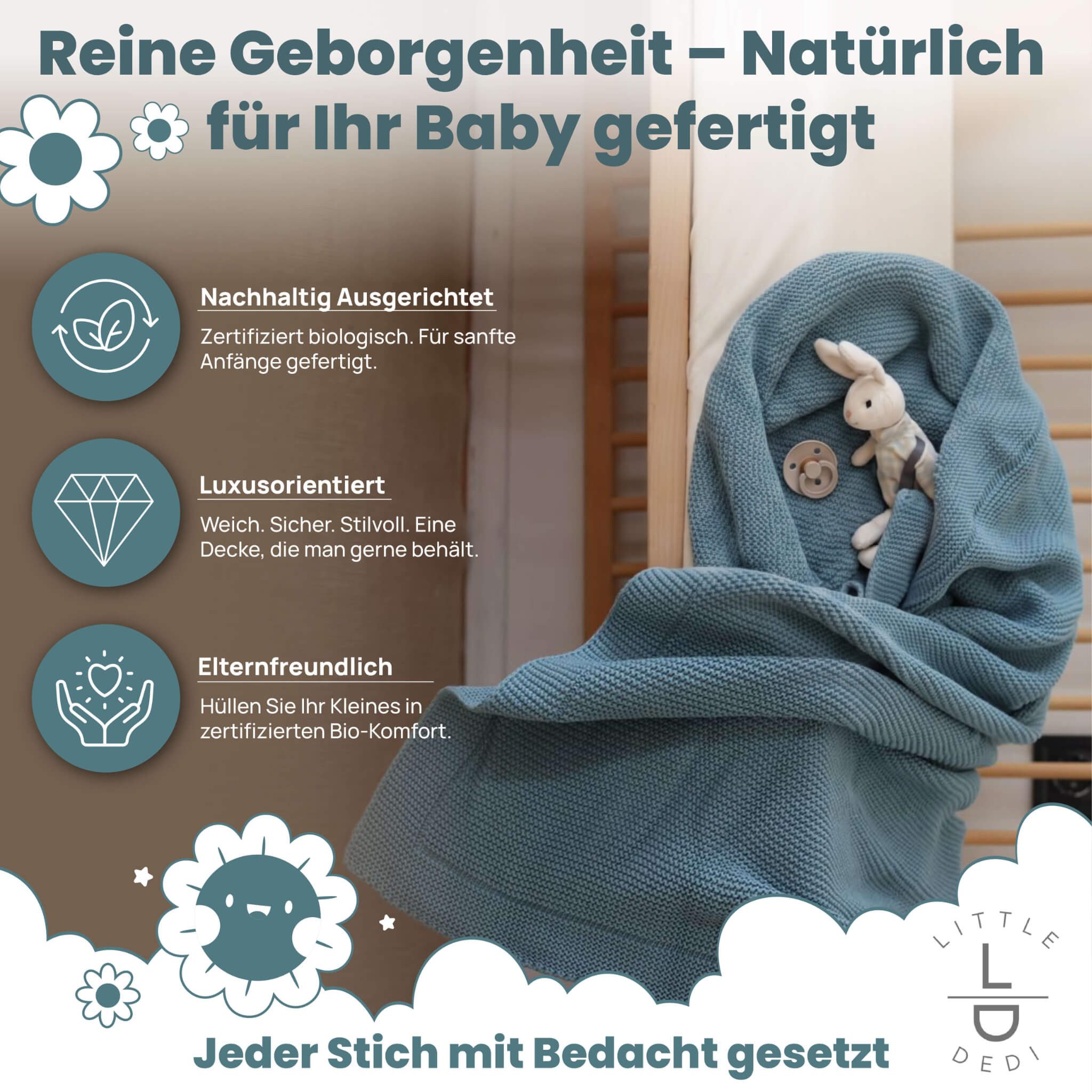Babydecke Baby Strickdecke, %100 Bio Baumwolle, Atmungsaktiv, 80x100cm Rauchblau, Little Dedi