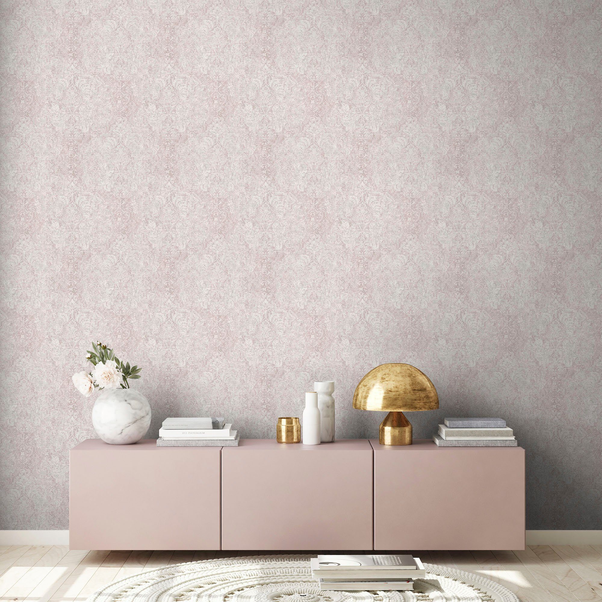 living walls Vliestapete Tapete rosa/weiß Mata Barock, Hari, strukturiert, Barock Glitzermuster, Vintagetapete ornamental