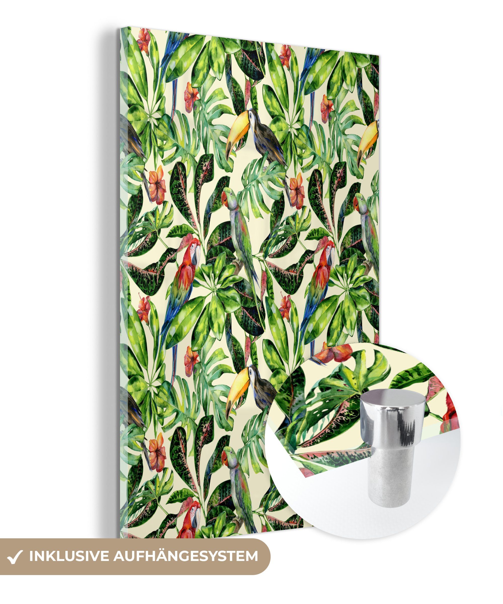 MuchoWow Acrylglasbild Blumen - Vogel - Blätter, (1 St), Glasbilder - Bilder auf Glas Wandbild - Foto auf Glas - Wanddekoration | Bilder