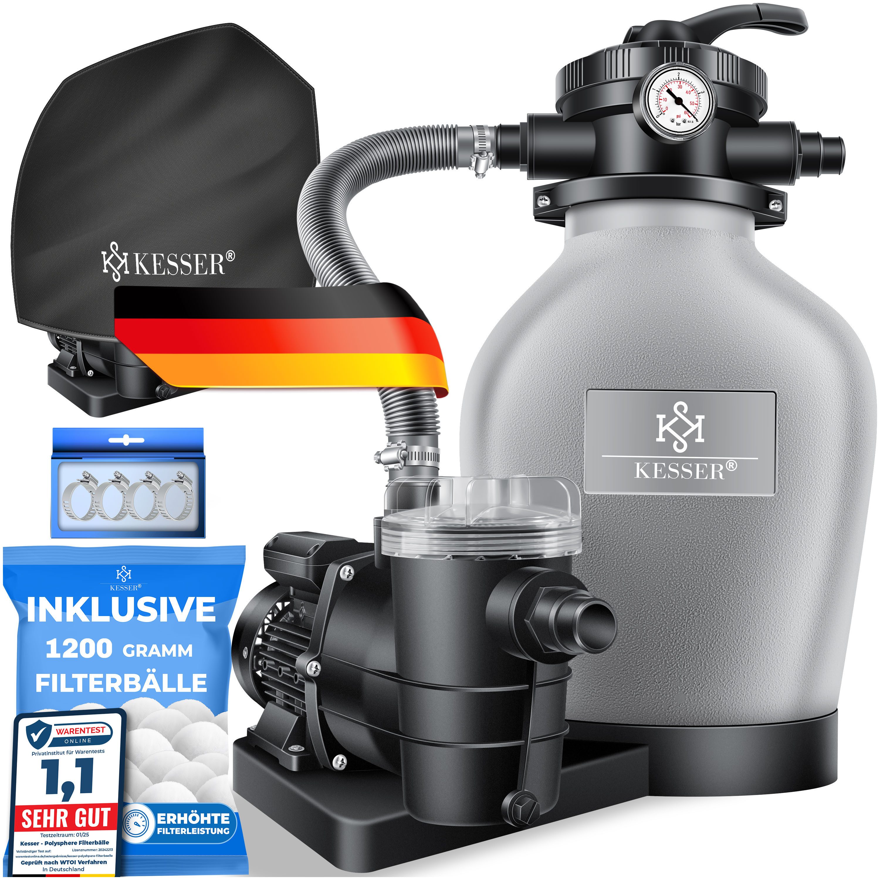 KESSER Sandfilteranlage 600W Sandfilter für Pools 13200L/h Durchfluss Poolfilter 7-Wege Ventil (Filteranlage mit Pumpe, 1200g Filterbälle Druckmanometer, Abdeckung), Tankvolumen für bis 30kg Sand Professionelle Poolwasserfilterung