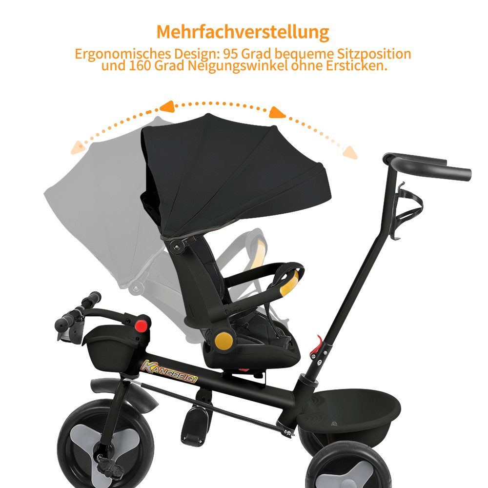 JEOBEST Dreirad Kinderdreirad mit Schubstange Baby Kinderwagen, Drehbarer Sitz, Verdeck mit Sonnenschutz,Getränkehalter Korb