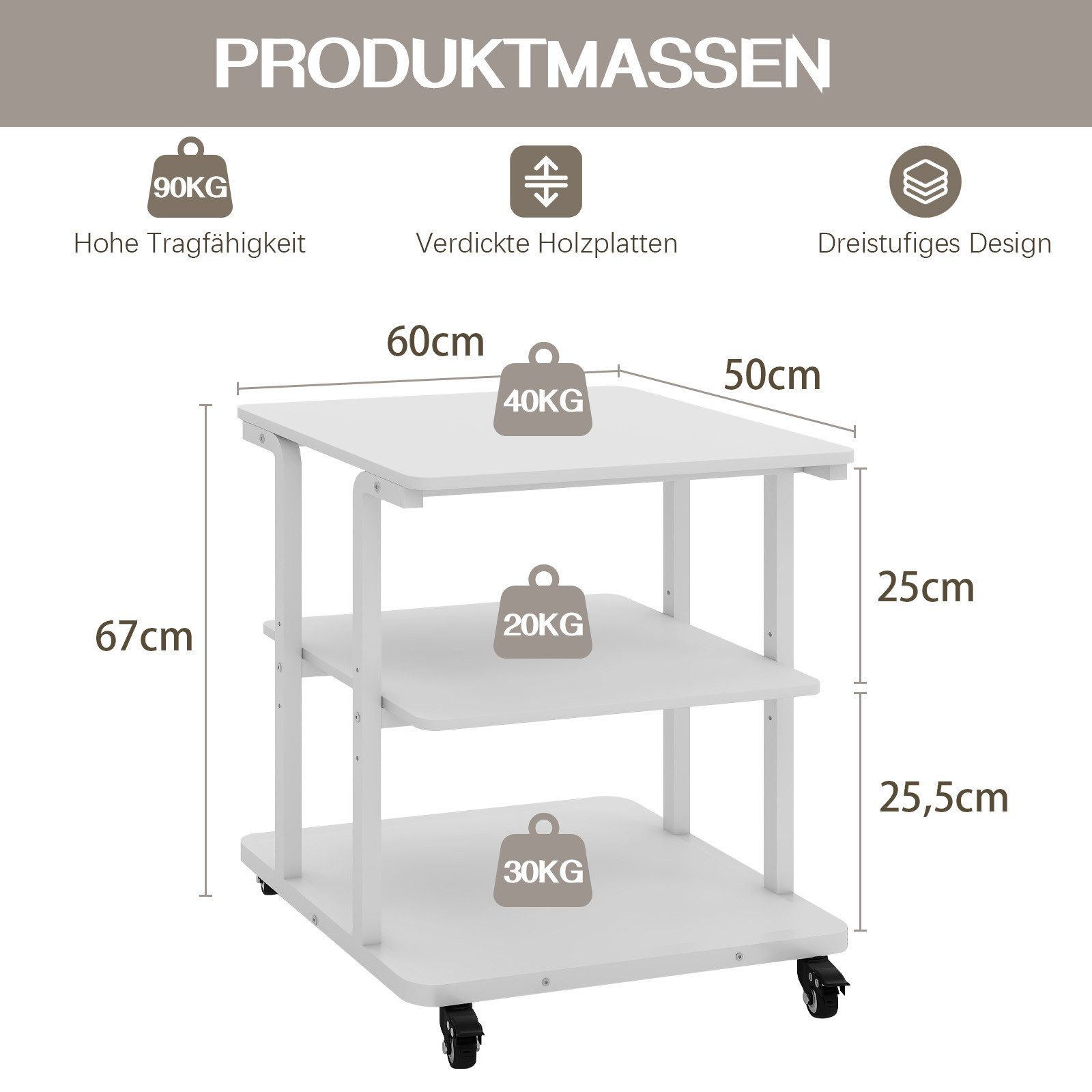 PUNCIA Druckertisch 3 Schichten 60x50cm Heim Büro mit Raddrucker Aufbewahrungshalter Tisch (1-St)