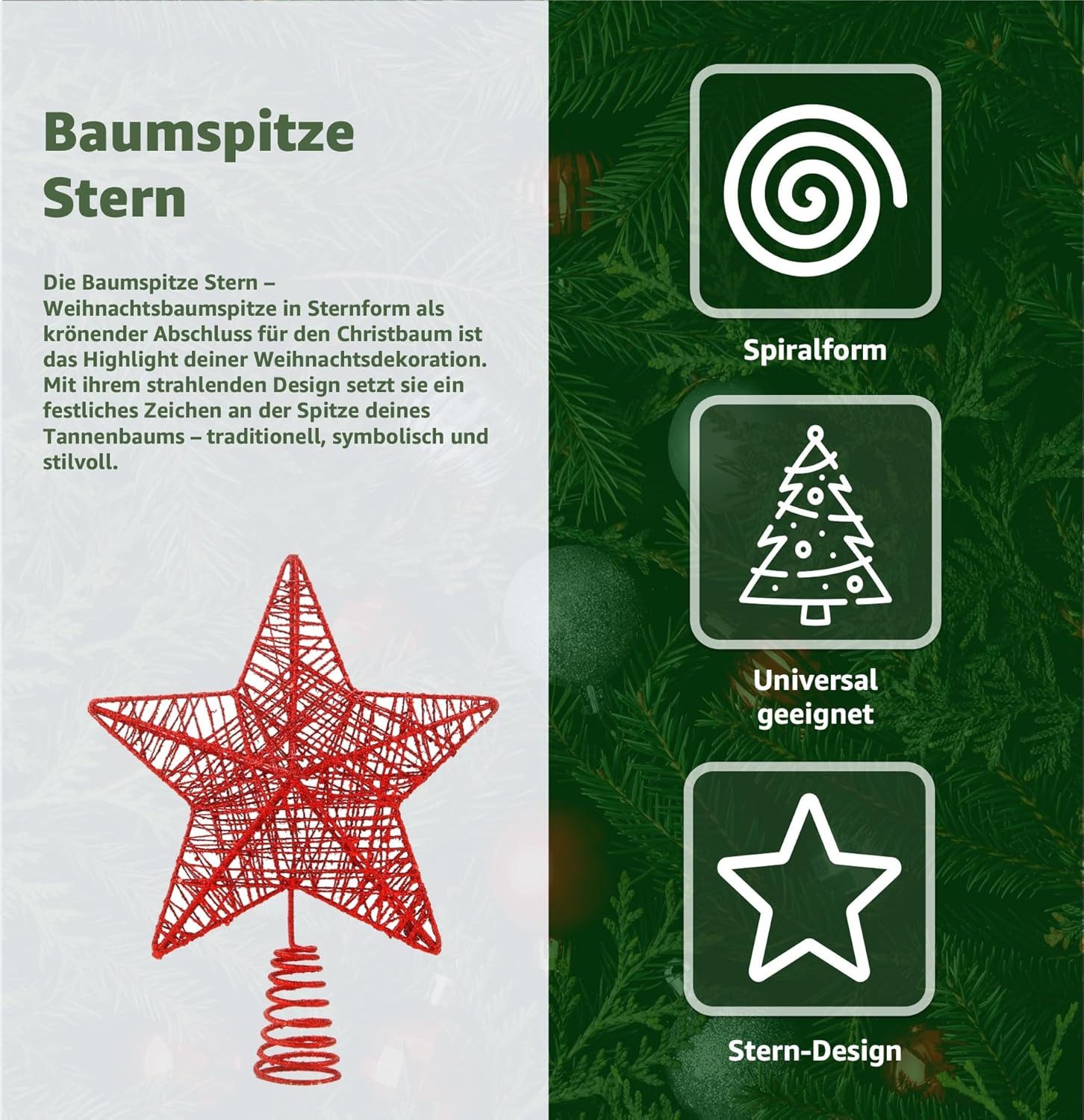 TK Gruppe Christbaumspitze Christbaumspitze für Weihnachtsbaum Baumspitze Aufsatz für Tannenbaum, wiederverwendbar
