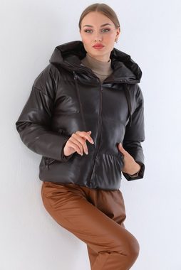 Bongual Winterjacke kurze Steppjacke aus Kunstleder mit Kapuze