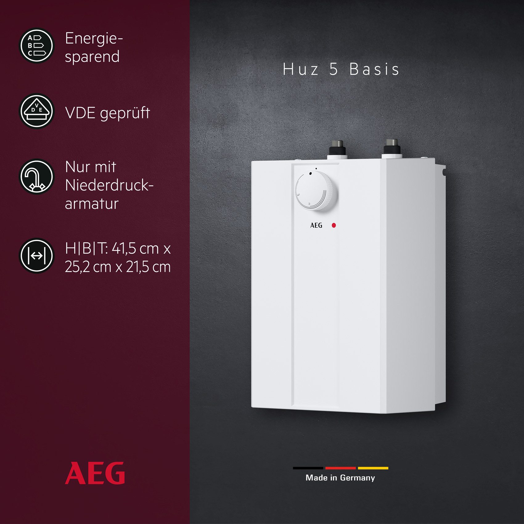 AEG Haustechnik Kleinspeicher Huz 5 Basis, Untertischboiler 5 Liter, (max. 85°C), Niederdruck, mit Stecker