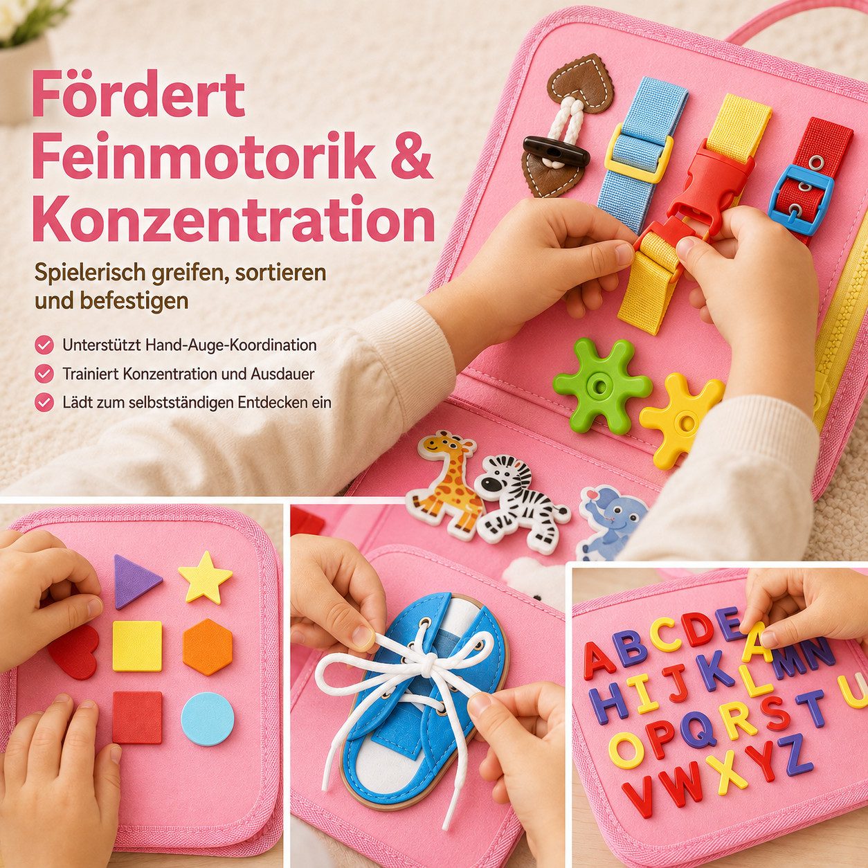 Fyrove Lernspielzeug Montessori Busy Board ab 10 Monaten, Filz-Lernspielzeug (Reißverschluss, Schnallen, Zahlen, Buchstaben, Formen, Uhr & Datum, tragbares Lern – Bild 5 von 5