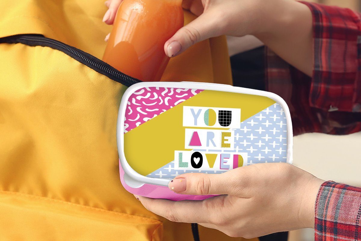 MuchoWow Lunchbox Zitat - Brotdose Liebe Muster, rosa Mädchen, Kunststoff Kinder, Snackbox, Kunststoff, für Erwachsene, Brotbox (2-tlg), 