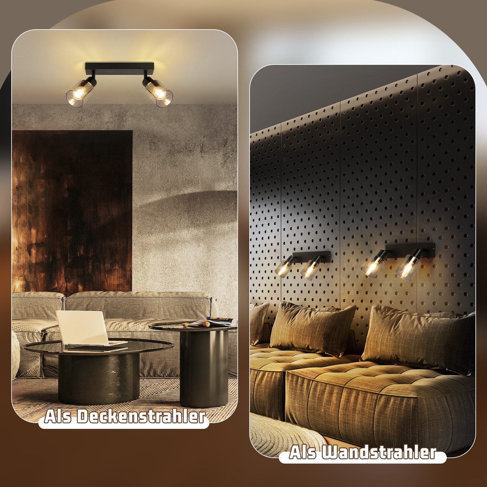 Nettlife Deckenstrahler Vintage Schwarz Glas E14 Retro Deckenleuchte Schwenkbar 350°, LED wechselbar, Flur Wandstrahler für Küche Wohnzimmer – Bild 5 von 5