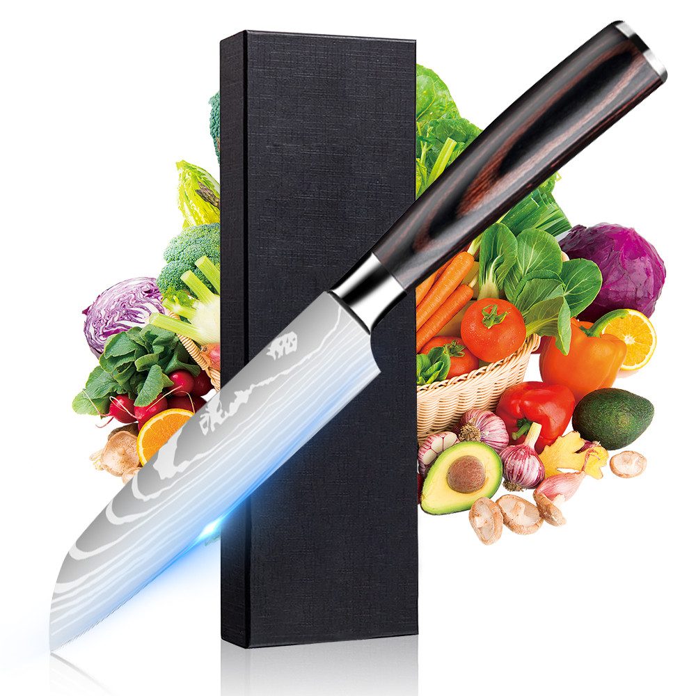 MDHAND Santokumesser 12,5 cm – Küchenmesser aus kohlenstoffreichem Edelstahl, Für Fleisch, Gemüse und Obst – Mit Echtholzgriff