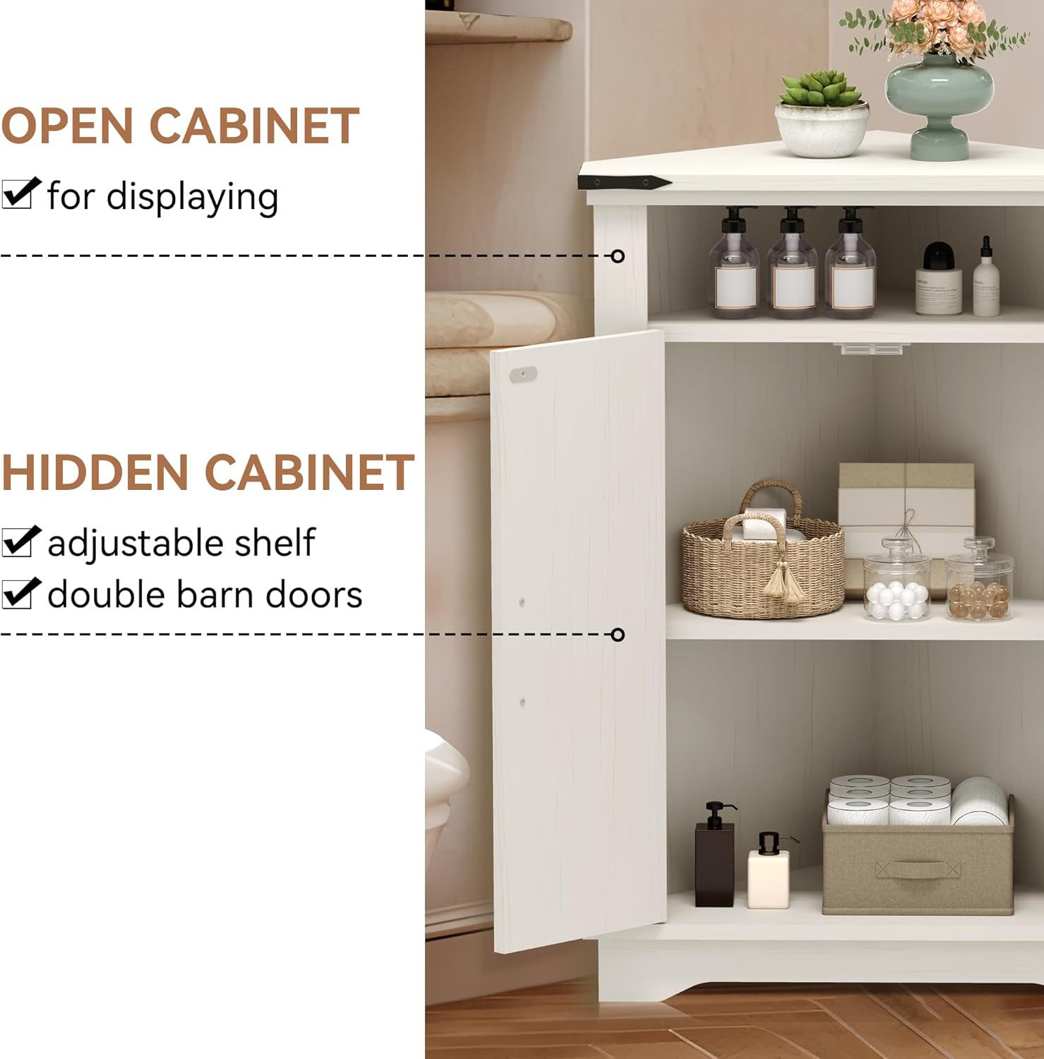 GarveeMore Eckschrank mit Scheunentüren und verstellbarem Regal,Eck-Badezimmerschrank Bauernhaus-Badezimmertisch mit Stauraum für kleine Räume,Küche