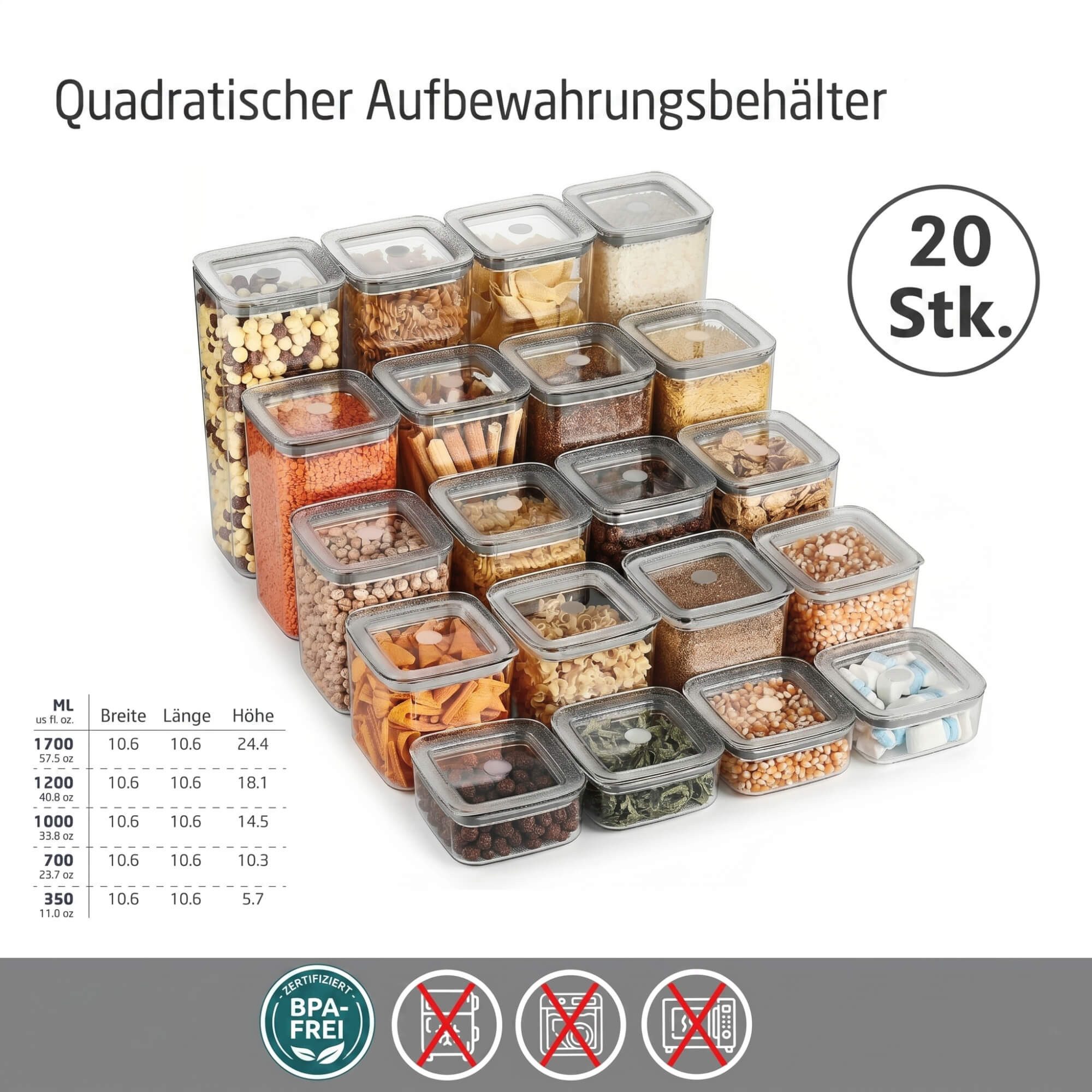 Vip Ahmet Vorratsdose Vorratsdosen Mit Deckel (5 Größen), 20er Set Organizer Box, Kunststoff, (20-tlg., 4x 0,350L, 4x 1,2L, 4x 1L, 20er-Set, 4x 0,7L, 4x 1,7L),  – Bild 2 von 5