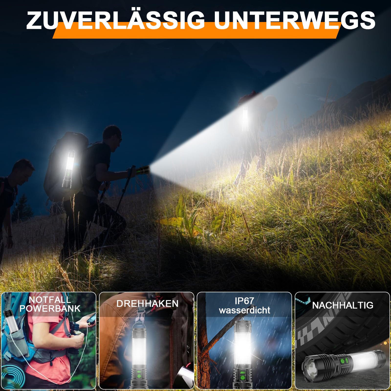 FOSMET LED Taschenlampe LED Taschenlampe Extrem Hell 900,000 Lumen, 5000 mAh Zoombar Handlamp (5 Lichtmodi,Handlamope, USB Aufladbar Taktische Taschenlampen, Multifunktionale Campingbeleuchtung,IP67 wasserdicht,Zoomfunktion), 5 Lichtmodi: High, Medium, Low, Strobe und SOS.