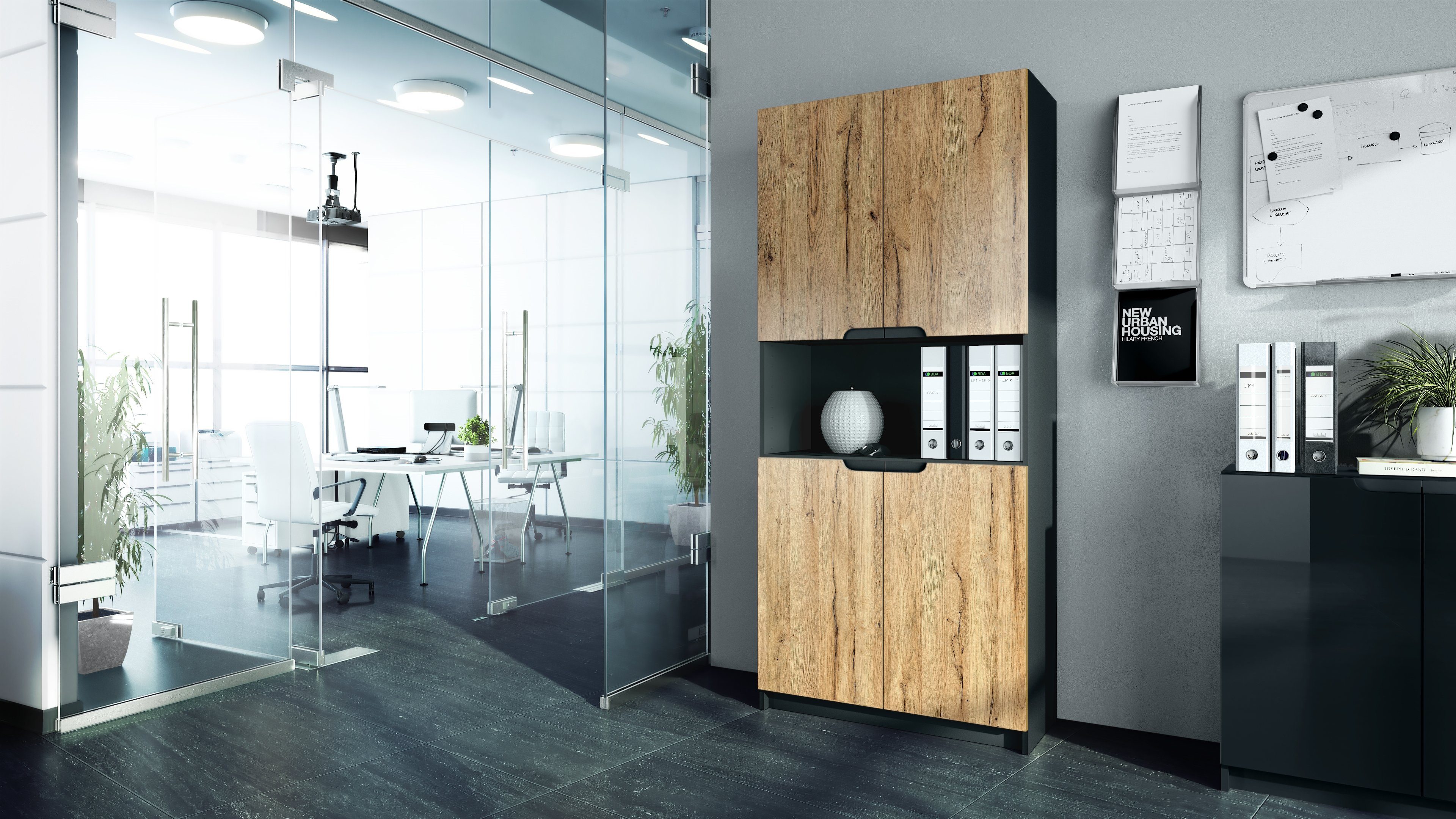 Vladon Aktenschrank Logan V2 (Aktenschrank, mit Soft-Close Funktion) Schwarz matt/Eiche Natur (82 x 185 x 37 cm)