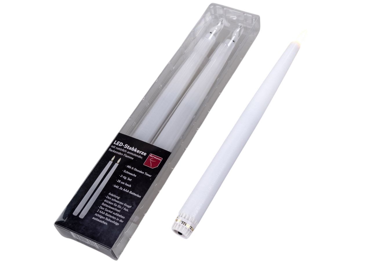 formano LED-Kerze Stabkerze Spitzkerze im 2er SET weiß oder bordeauxrot 28cm, LED Stabkerze mit Timerfunktion