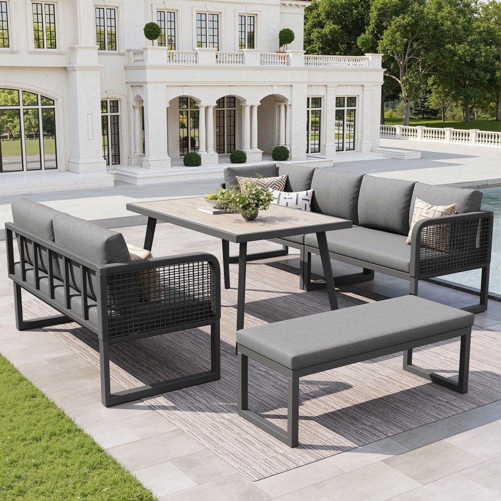 Ulife Gartenlounge-Set Rattan-Lounge-Set für 6-8 Pers., wetterfest, mit Kissen, (Zweisitzer-Sofa-a*2 Zweisitzer-Sofa-b*1 Sofabank*1 Tisch*1), grau