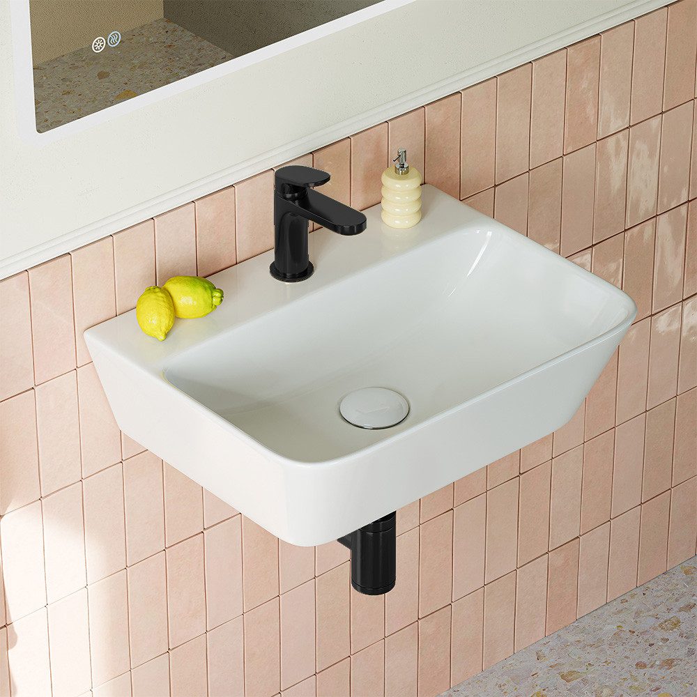 HOROW Waschbecken Kleine Handwaschbecken, Hängewaschbecken Aufsatzwaschbecken Gäste WC (mit Hahnloch und Überlauf - Weiß, 31T x 41B x 12H cm)