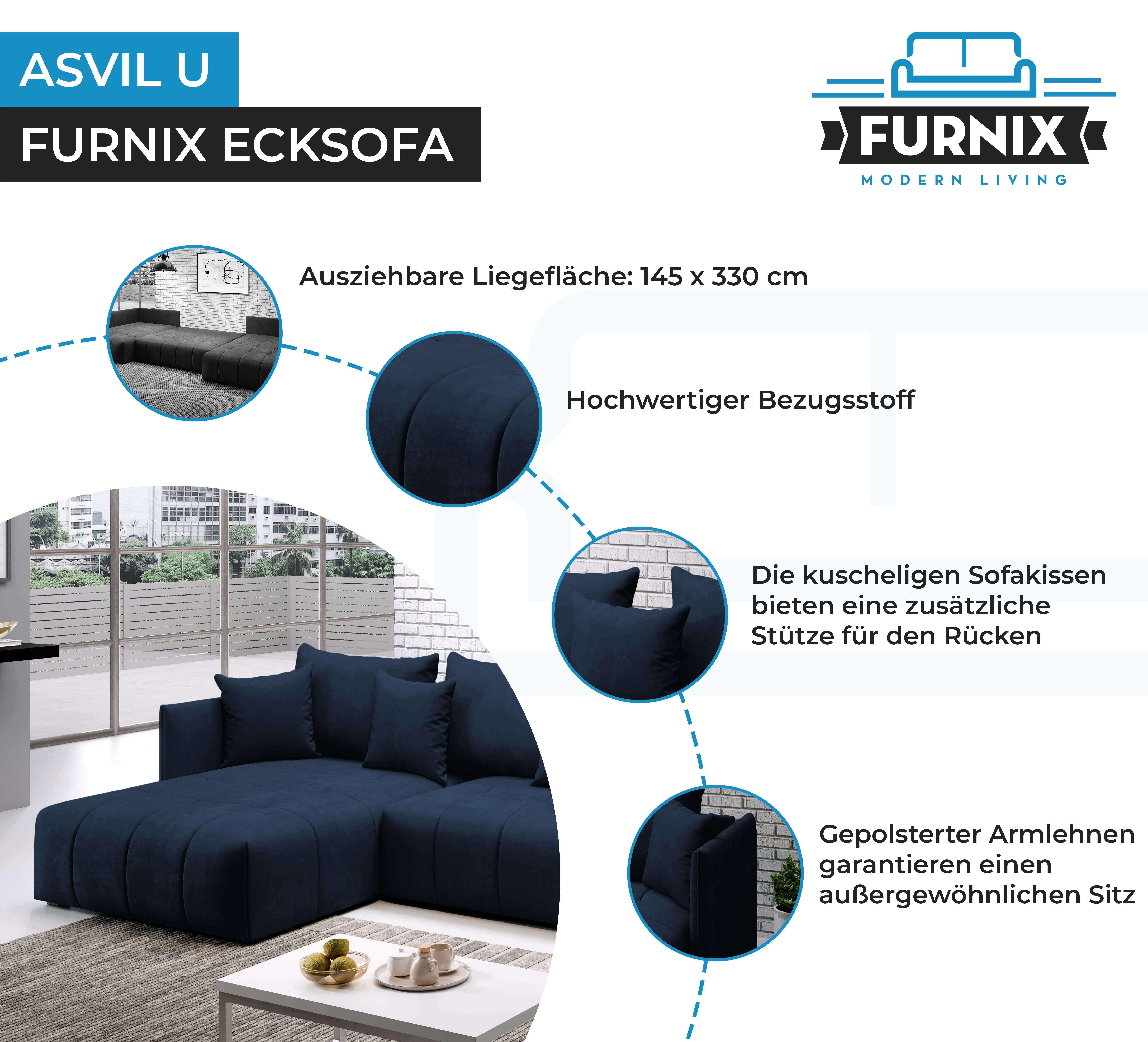 Bettkasten, Blau Schlaffunktion Furnix in Farbauswahl, mit Made T180 B353 U-Form-Sofa Ecksofa ASVIL Europe MH77 x und cm, H80 x