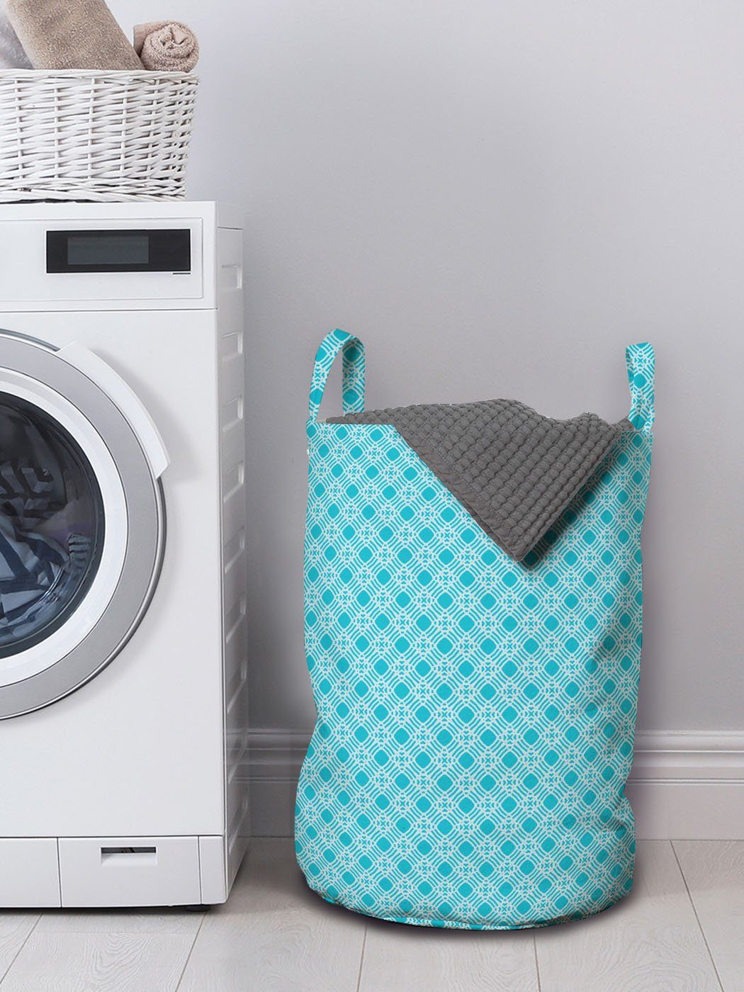 Retro Wie Mosaik Blauer Trellis für Wäschesäckchen Griffen mit Kordelzugverschluss Abakuhaus Waschsalons, Kunst Wäschekorb