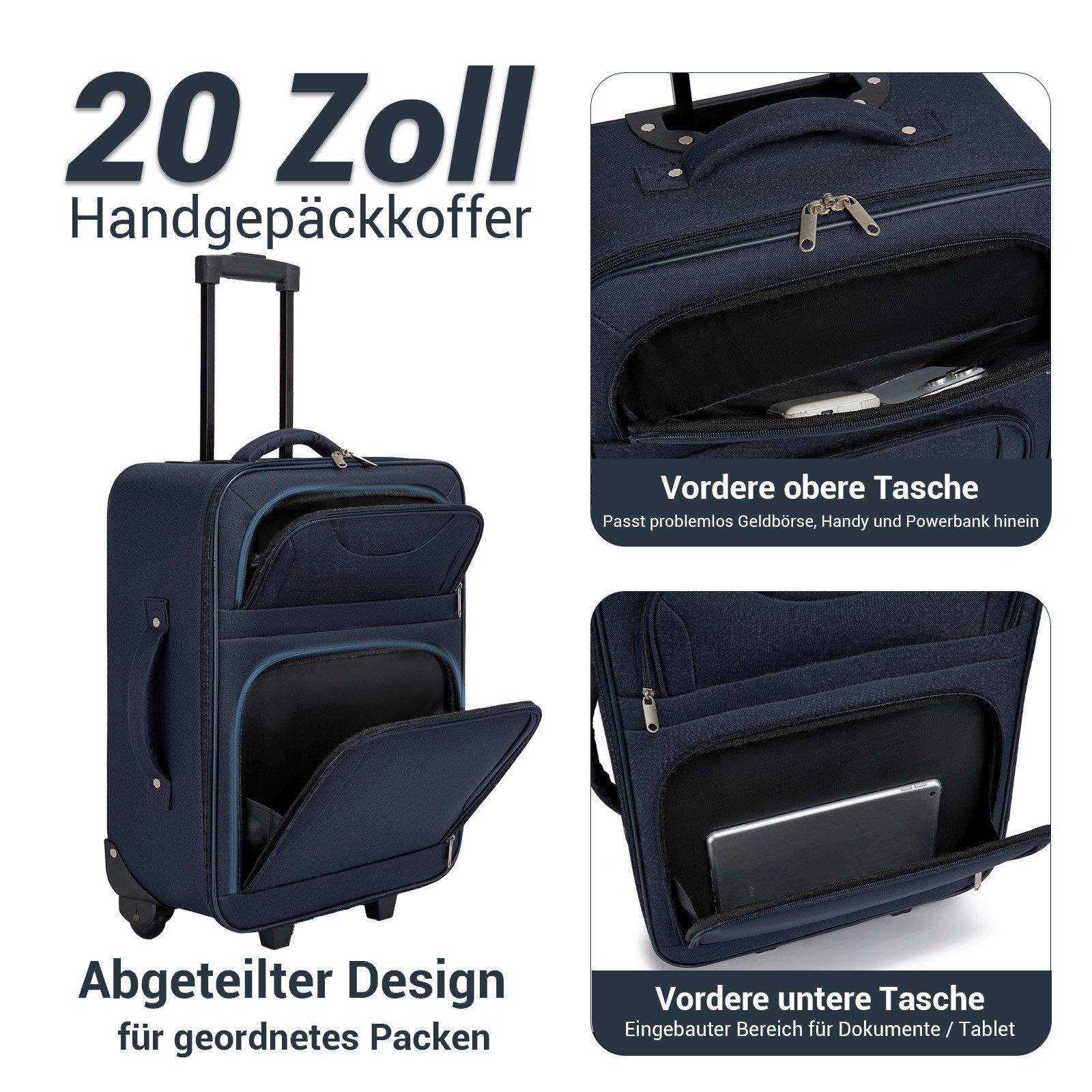 KONO Kofferset 3-teilig: 20 Zoll Handgepäck + Kabinen-Schultertasche + Kulturbeutel, (3 tlg)