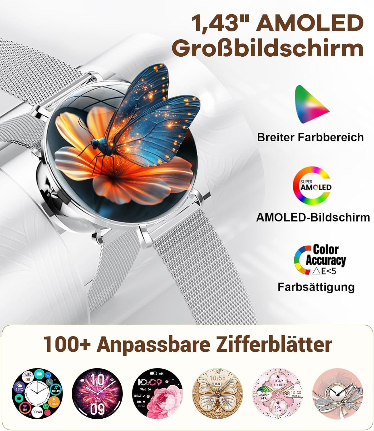 Lige SP-FV17-B Smartwatch (3.6 cm, Android iOS), Smartwatch für Damen mit AMOLED Display und Fitnessfunktionen