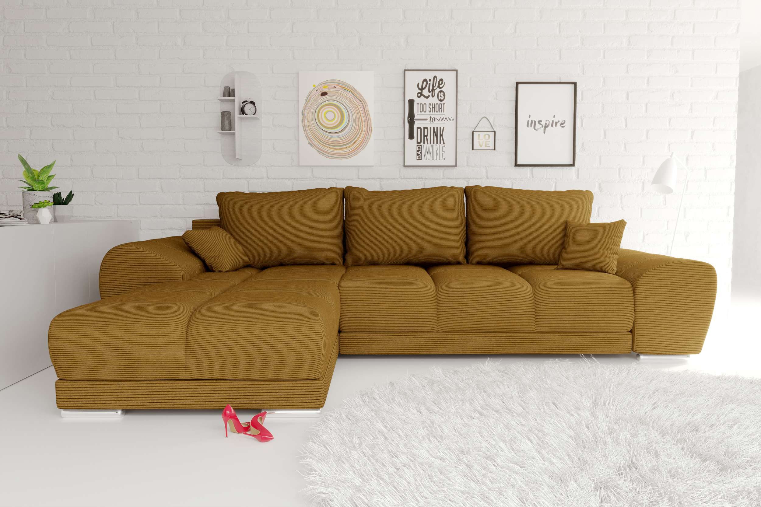 99rooms Ecksofa Antalya, Sofa L-Form, Eckcouch, mit Rückenkissen, Schlaffunktion, Cordstoff POSO