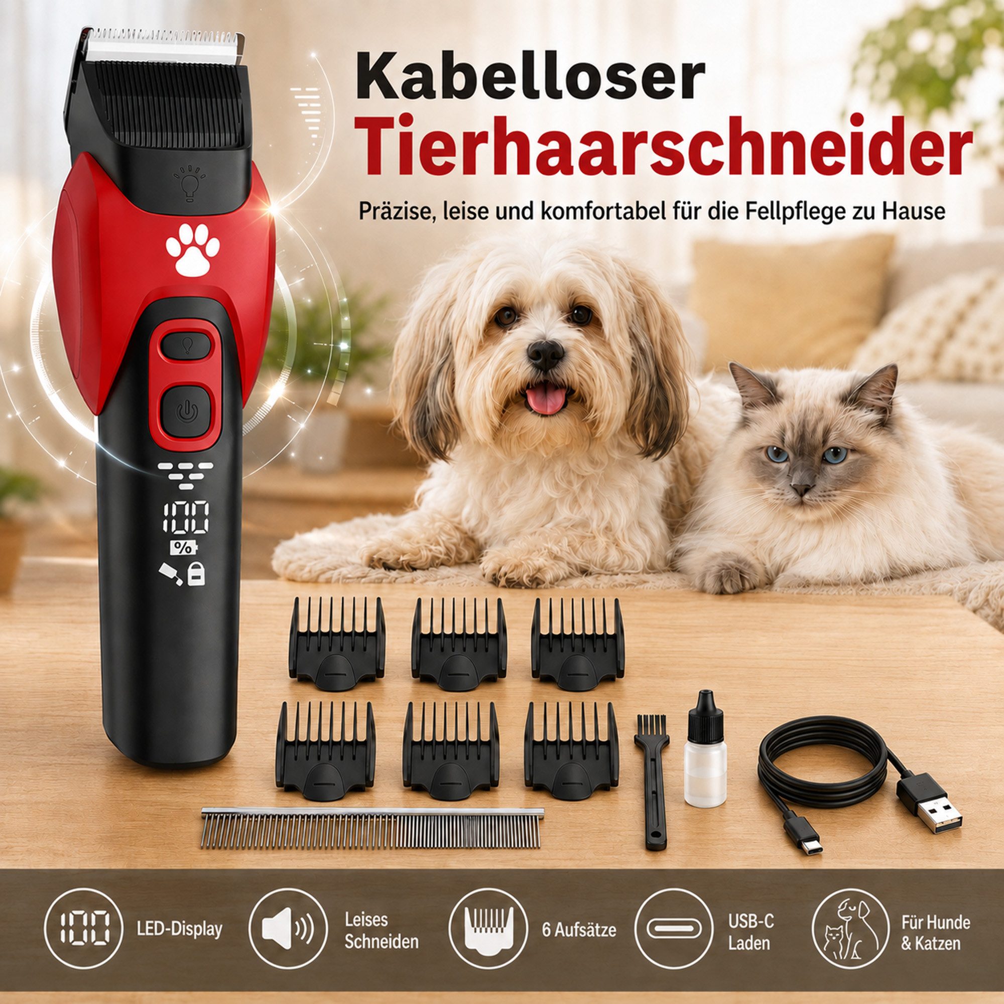 Luckice Hundeschermaschine Tierhaarschneider Set Tierhaarschneidemaschine mit Zubehör, Leise Hundeschermaschine, 1200mAh Hundetrimmer mit 3 Geschwindigkeiten, Mit Kamm ausgestattet geeignet für Hunde Katzen und Haustiere mit