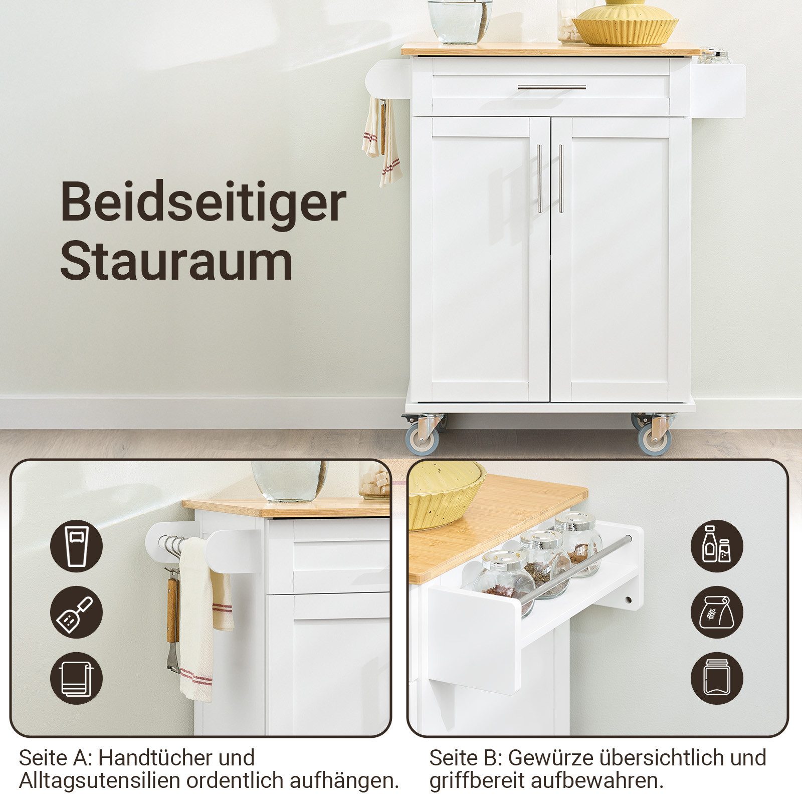 SoBuy Küchenwagen FKW13, Servierwagen mit Arbeitsplatte Küchenwagen auf Rollen, Kücheninsel, Rollwagen Küche mit Stauraum, Küchenregal, Grilltisch