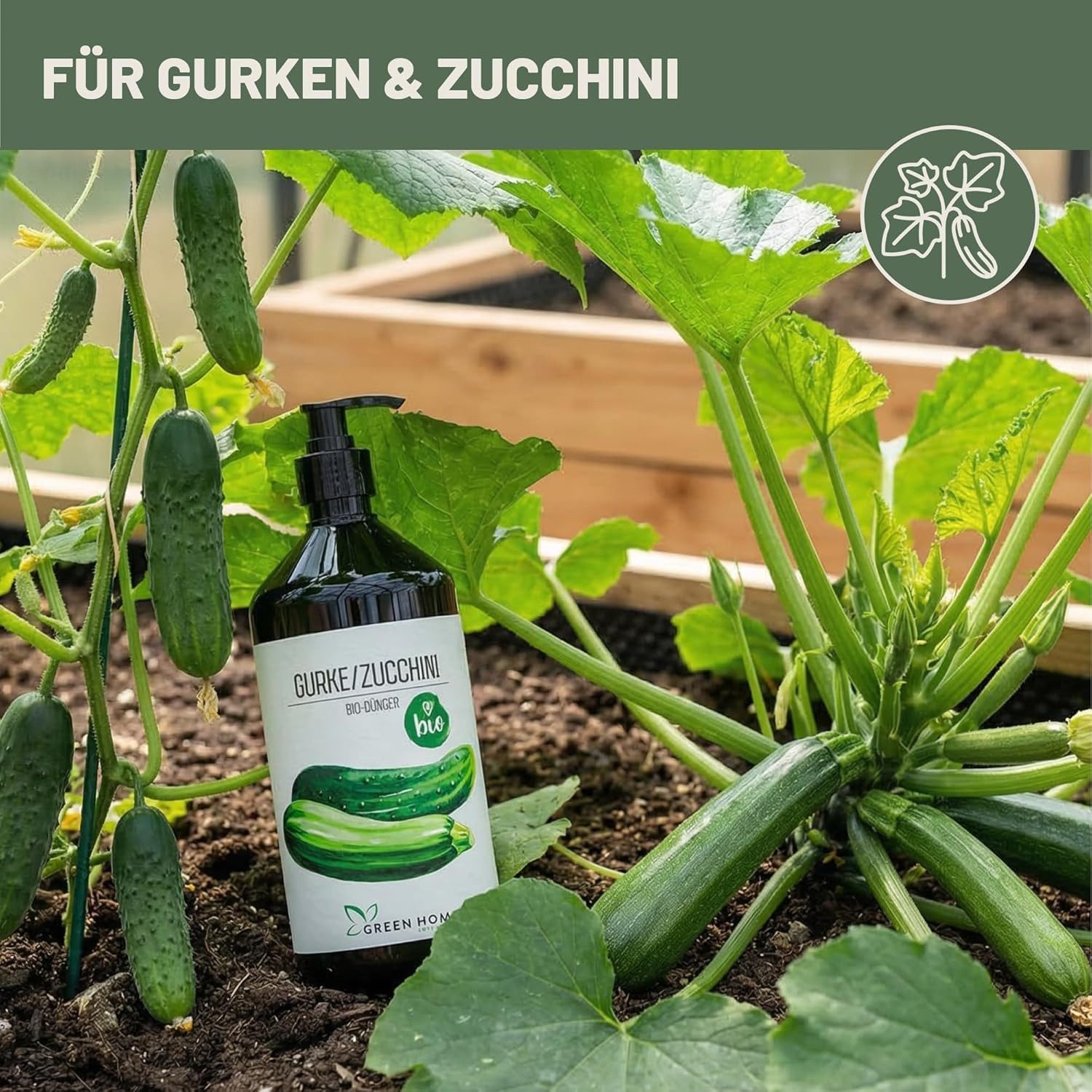 GREEN HOME LOVE NATURE Gemüsedünger Bio-Dünger flüssig NPK 3+2+6 für Gurken, Zucchini & Gemüse, Gurken & Zucchini, 100 % bio, organisch-mineralisch, extra Kalium, Dosierpumpe