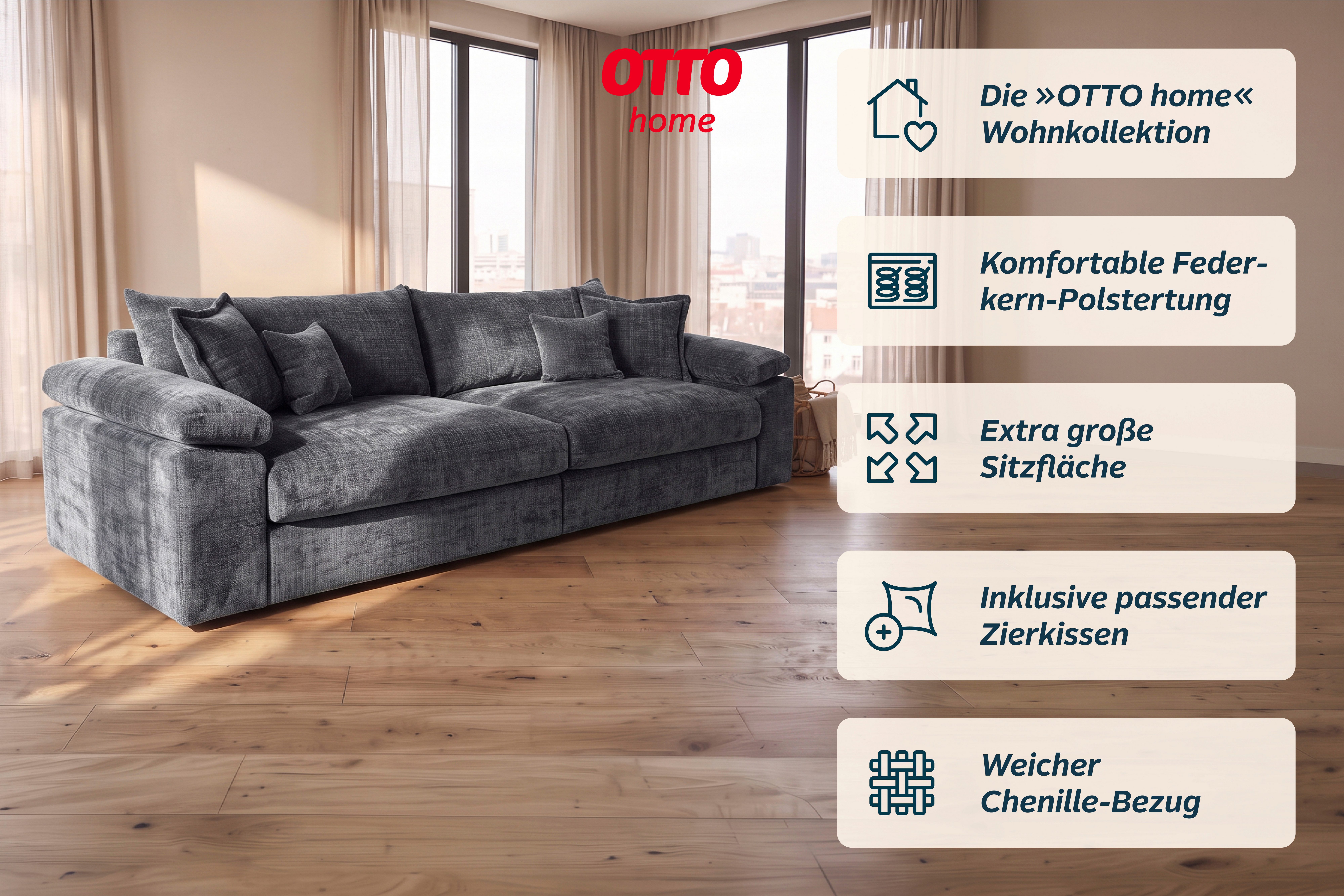 OTTO home Big-Sofa Soft&Cosy XXL, B: 303 cm - OTTO. Verlässliche Qualität., Mega-Sofa, Cord oder Chenille-Struktur, mit Federkern & 4 Zierkissen – Bild 3 von 5