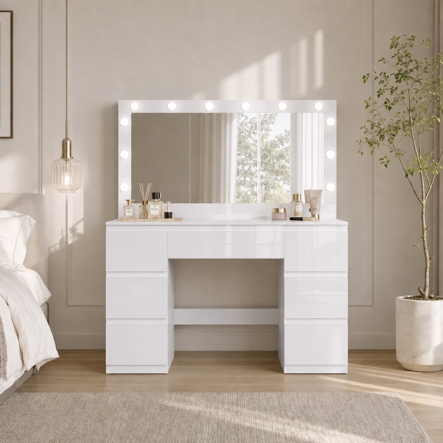 HOMALL Schminktisch mit großem Spiegel, 120 cm, 7 Schubladen, Schmuckschrank (XXL-Spiegel 106×51 cm (30×51 aufklappbar m. Schmuckschrank) · 120 cm · 7 Schublade – Bild 2 von 5
