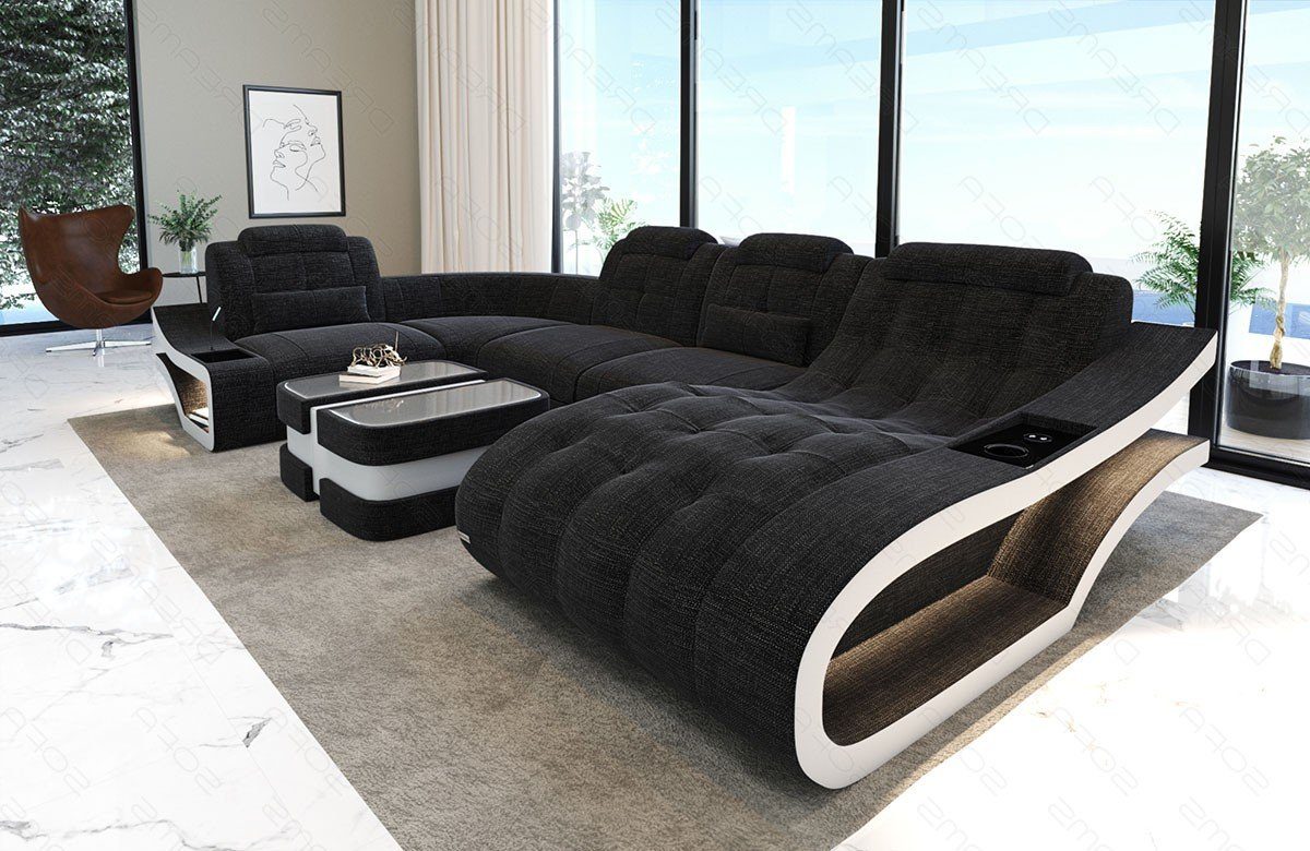 Sofa Dreams Sofa Polster Sofa Wohnlandschaft Couch Elegante H - U Form Stoffsofa, wahlweise mit Bettfunktion Schwarzgrau-Weiß