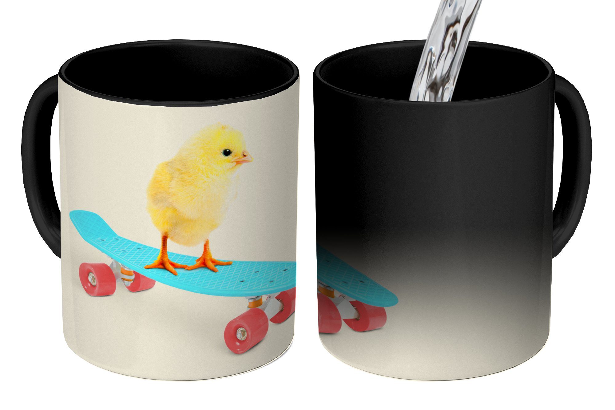 MuchoWow Tasse Küken - Gelb - Skateboard - Blau - Tiere, Keramik, Farbwechsel, Kaffeetassen, Teetasse, Zaubertasse, Geschenk