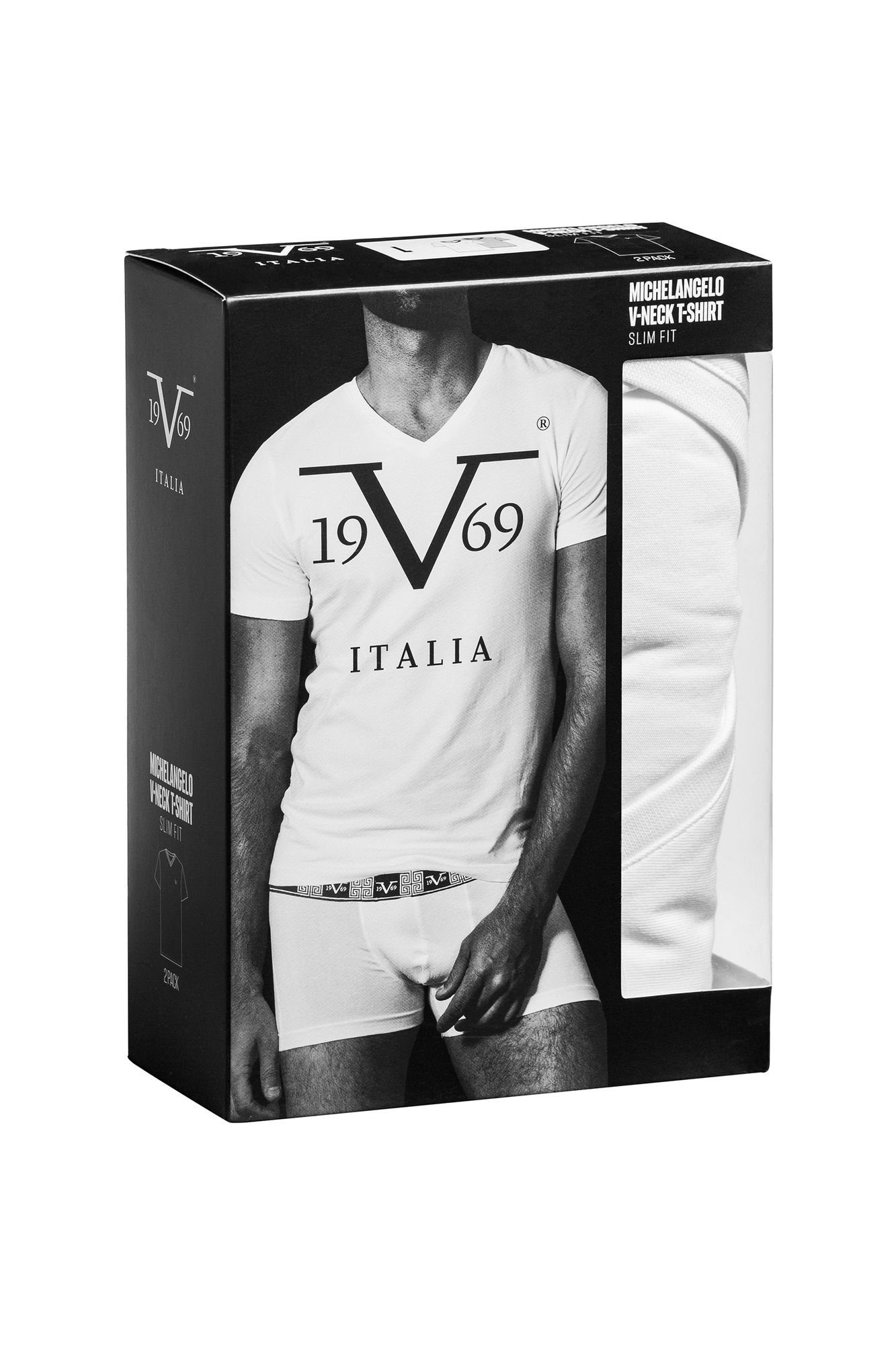 Ton-in-Ton Versace der Herren Kurzarm kleinem T-Shirt 19V69 Unterhemd Italia auf für Brust Logo einem mit by V-Ausschnitt mit Unterziehshirt weiß