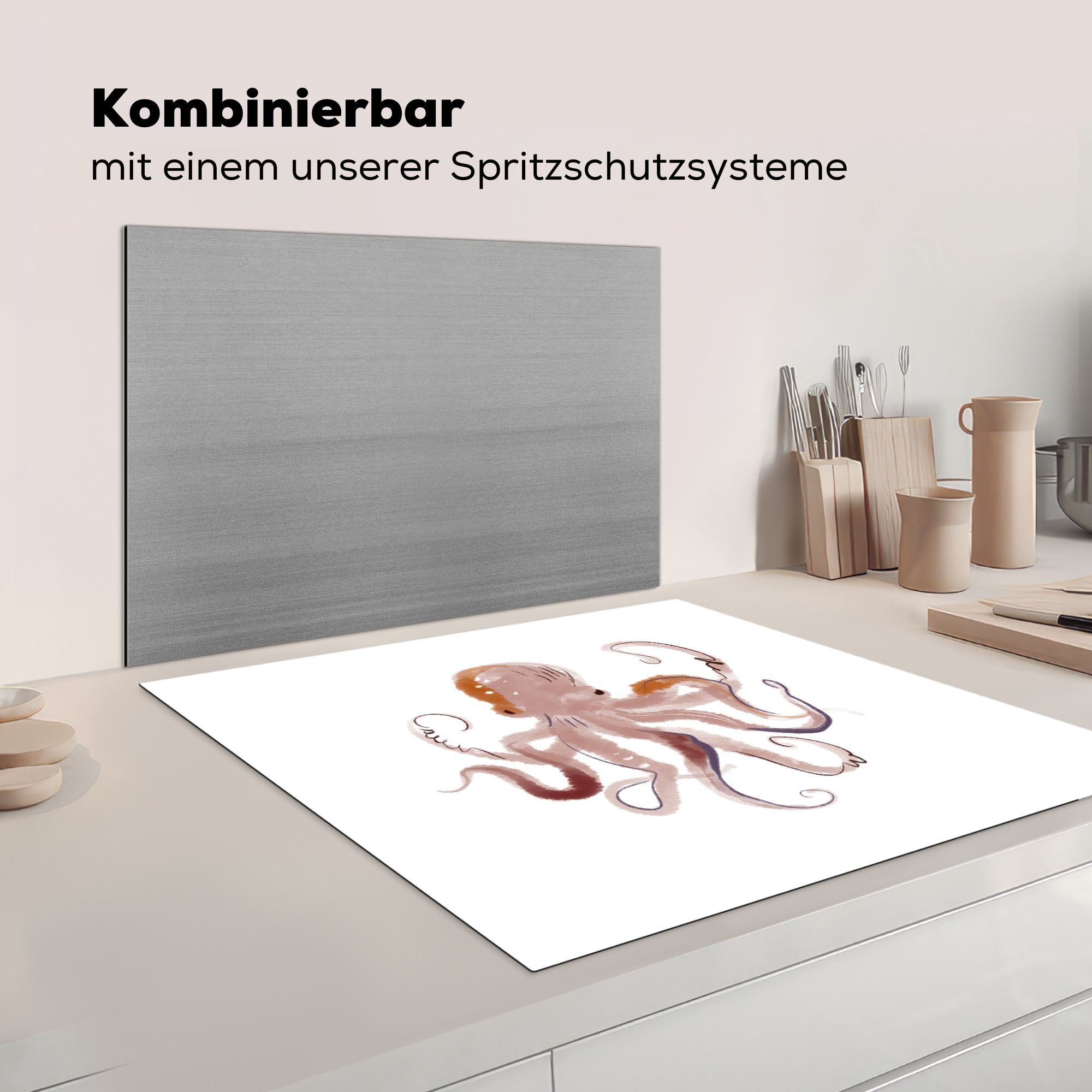 - küche Arbeitsplatte Herdblende-/Abdeckplatte MuchoWow Zeichnung, Aquarell für Vinyl, Meer Oktopus Ceranfeldabdeckung, 78x78 - tlg), cm, (1 -