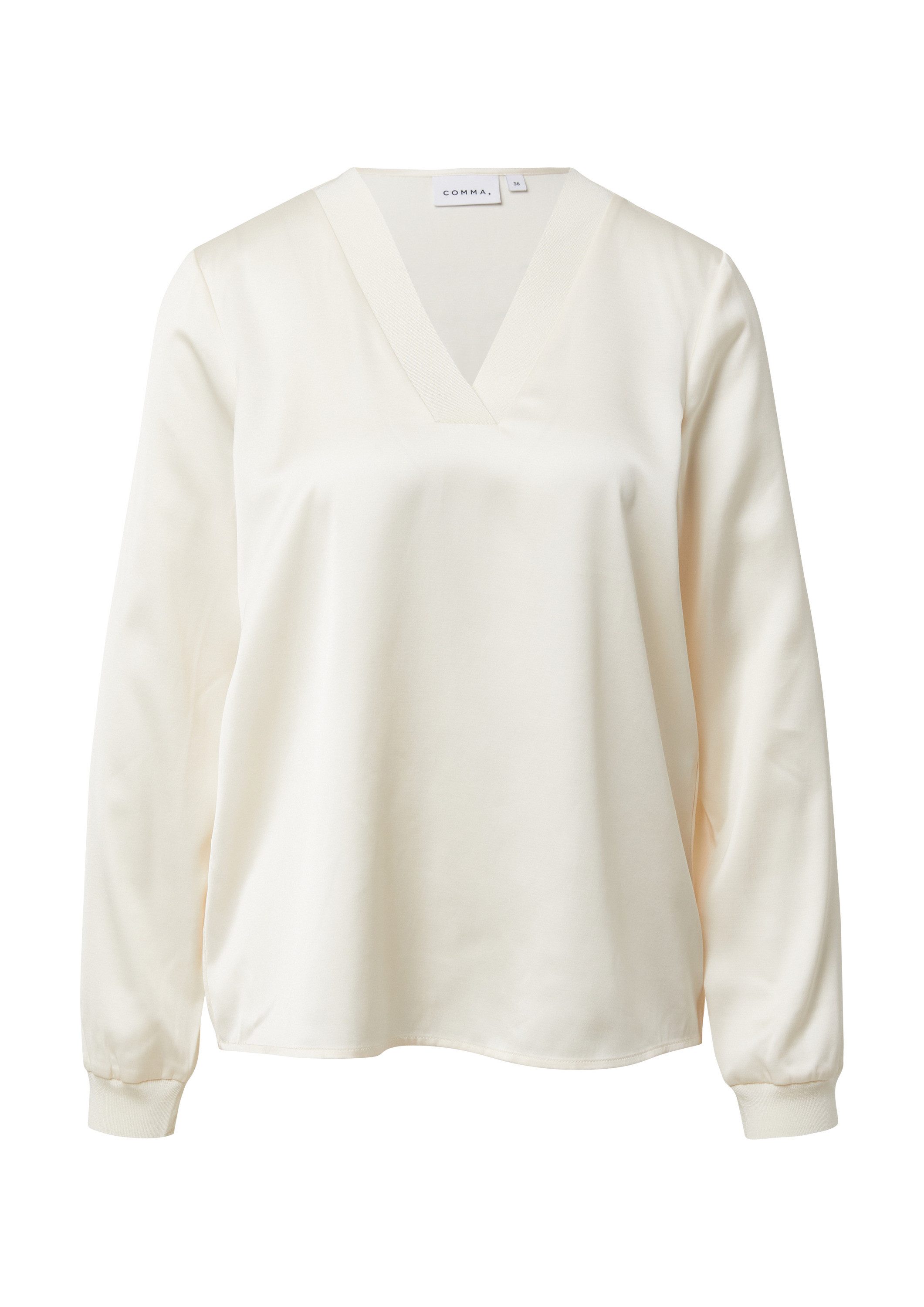 comma Langarmbluse Bluse Satinbluse mit V-Ausschnitt und feinen Rippdetails