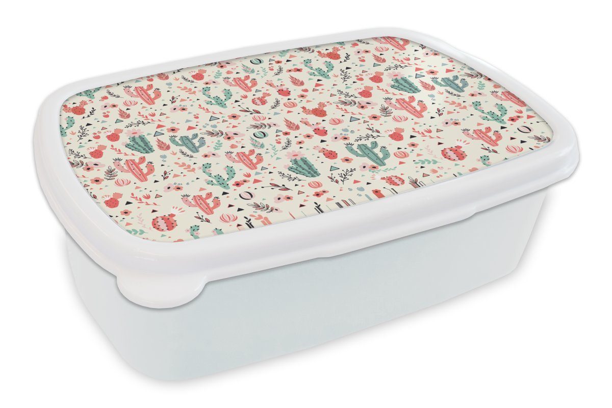 MuchoWow Lunchbox Kaktus - Blumen - Pastell - Muster, Kunststoff, (2-tlg), Brotbox für Kinder und Erwachsene, Brotdose, für Jungs und Mädchen weiß